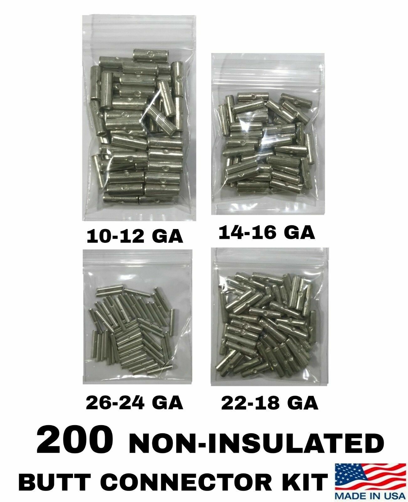 200 Pcs Non-Insulated Crimp Butt Connector Splice Wire Terminal Uninsulated Kit