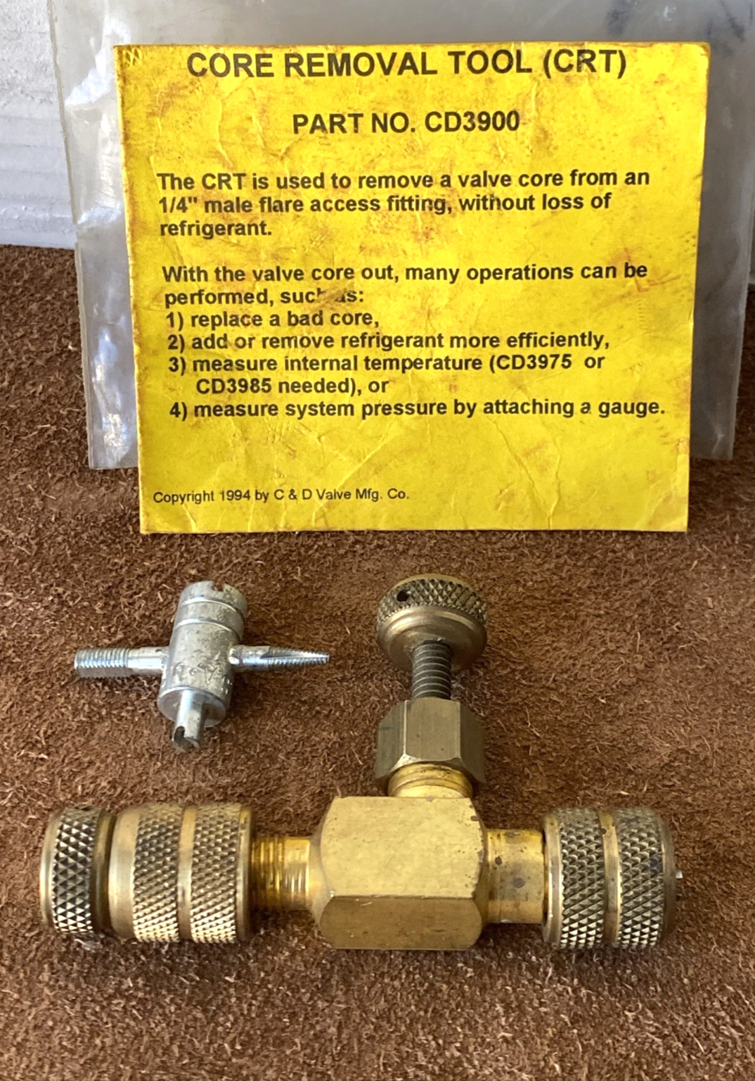 C&D CD3900 Valve Core Removal Tool 1/4 Flare Access Fitting w/ Orig Instructions