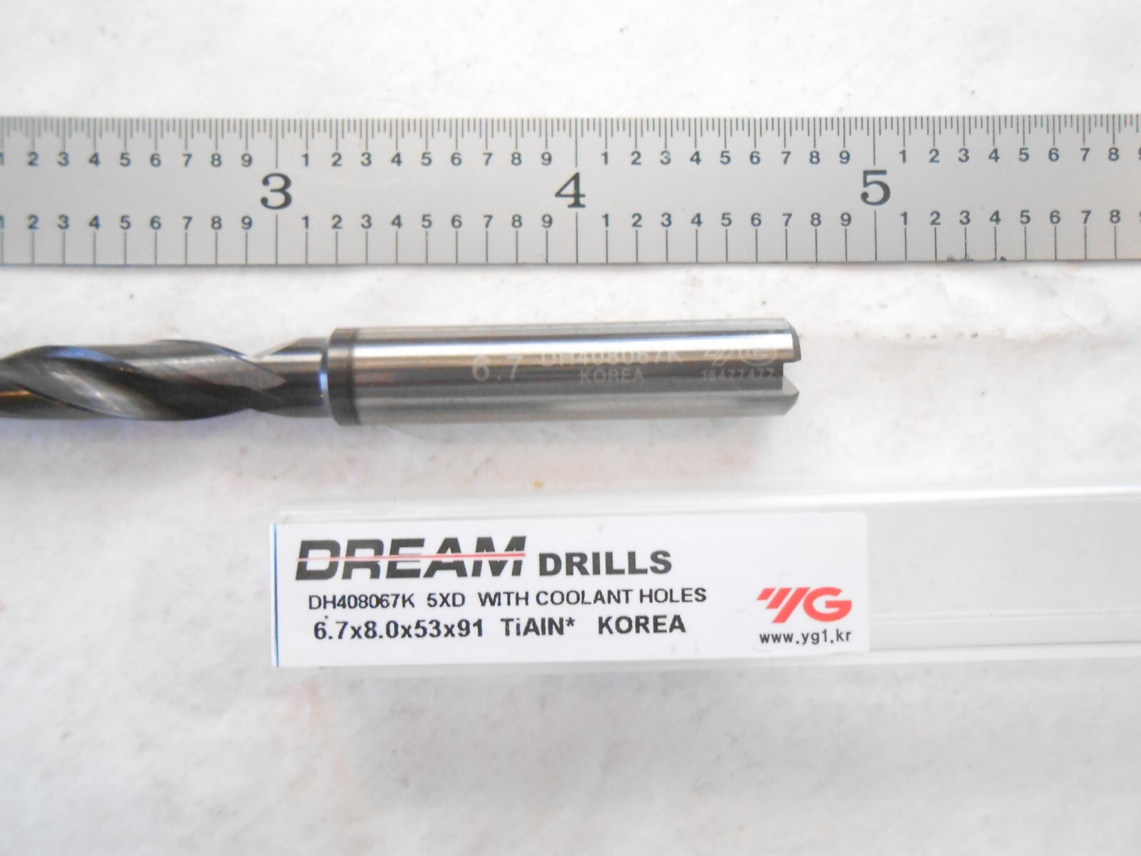 NEW YG-1 H.P. 5XD, 6.70MM CUT DIA. X 53MM FL X 91MM L CARBIDE TIALN COATED DRILL