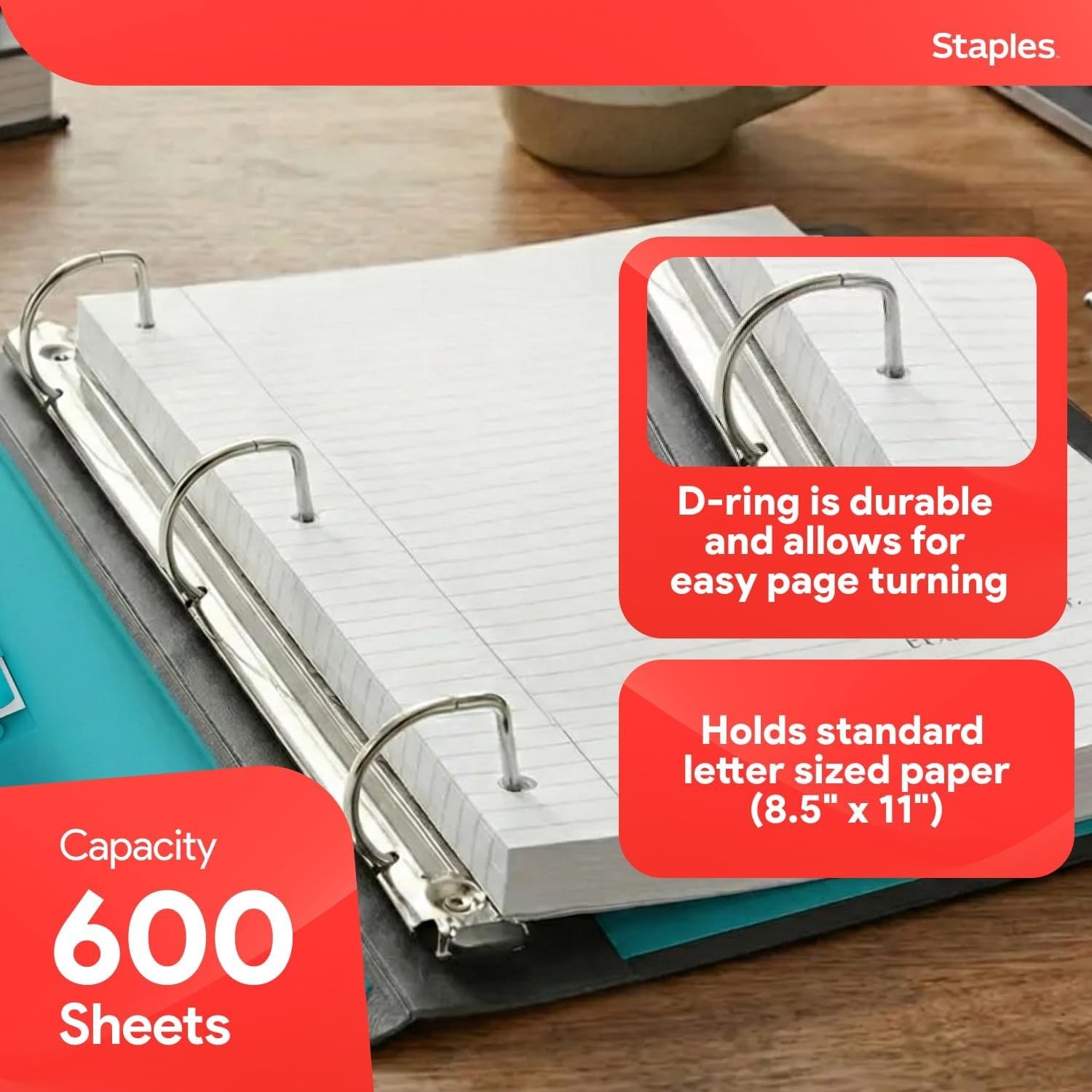 Heavy-Duty 3-Inch D-Ring Binder, Teal – Large Capacity 3-Ring Binder with Poc…