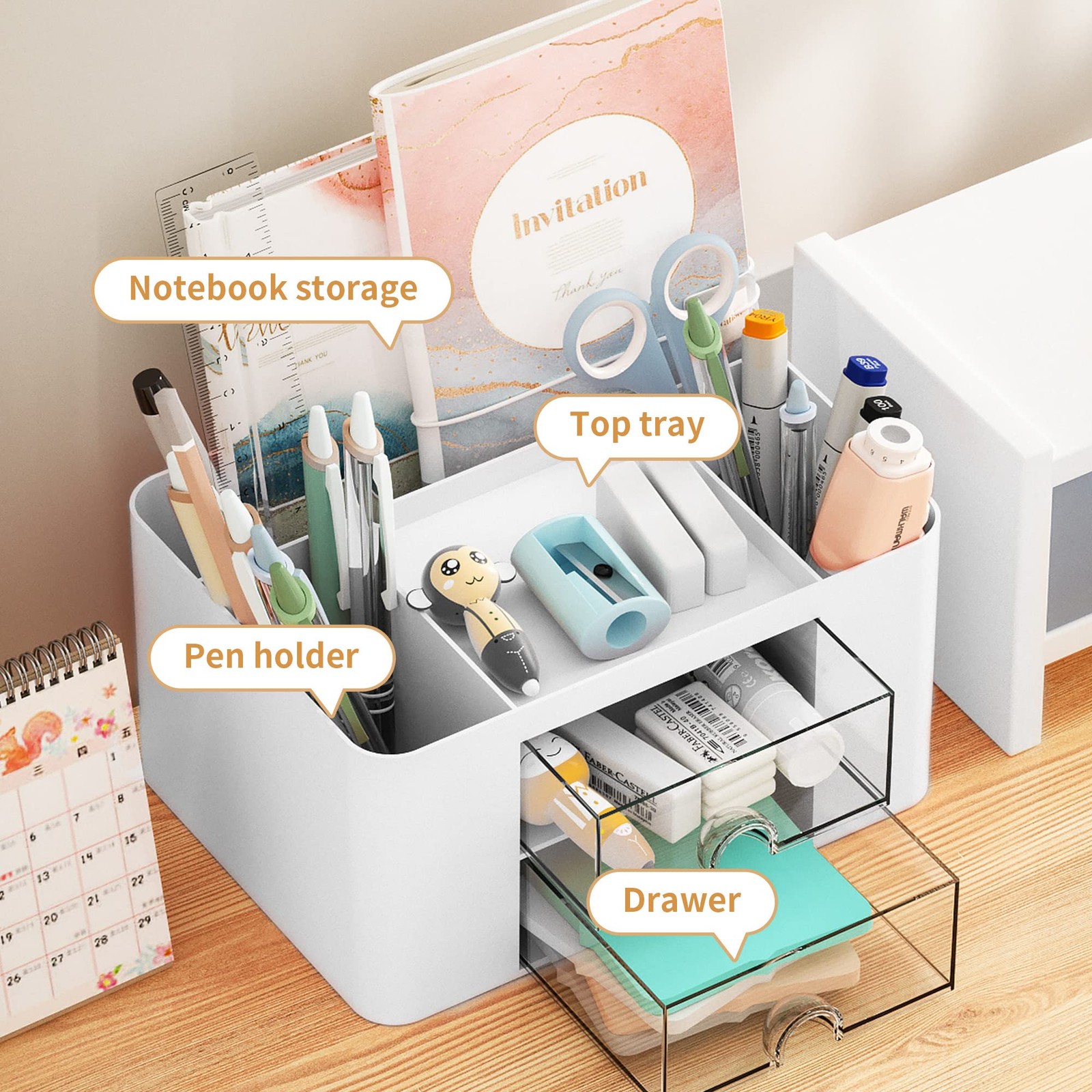 Marbrasse Pen Organizer with 2 Drawer, 7.4 x 5.5 x 3.9 Inch, White