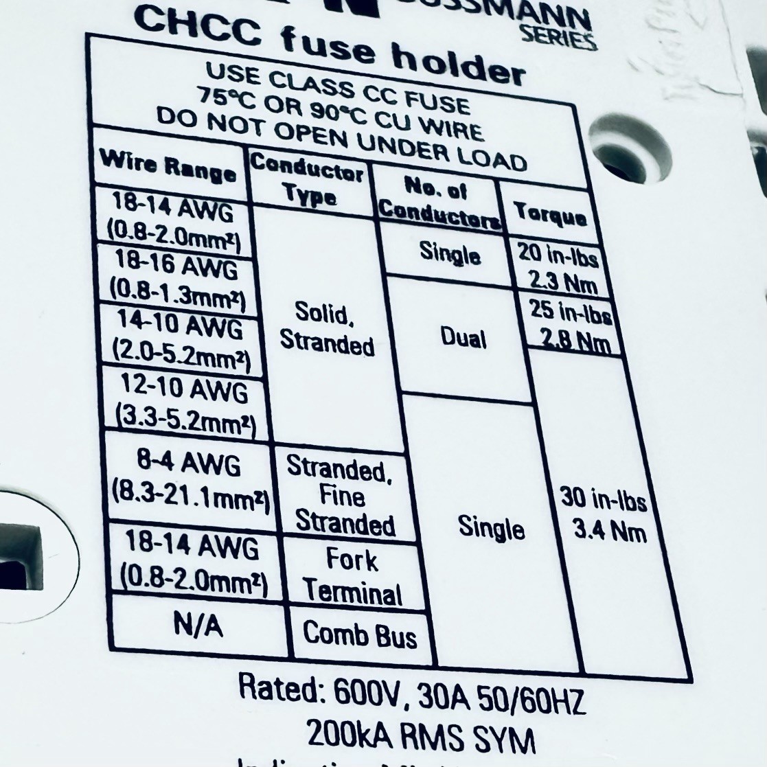Bussmann CHCC3DIU Modular Fuse Holder, CC UL Class, 3 Poles, 0 to 30A Amp, 600V