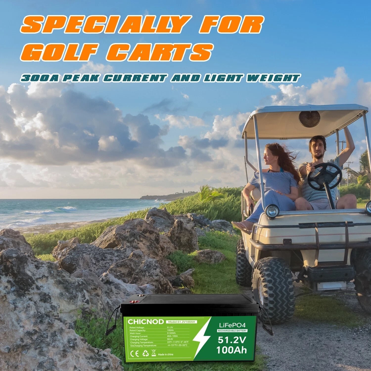 Bluetooth LiFePO4 Battery 51.2V 100Ah Golf Car Solar RV Backup Power BMS CHICNOD