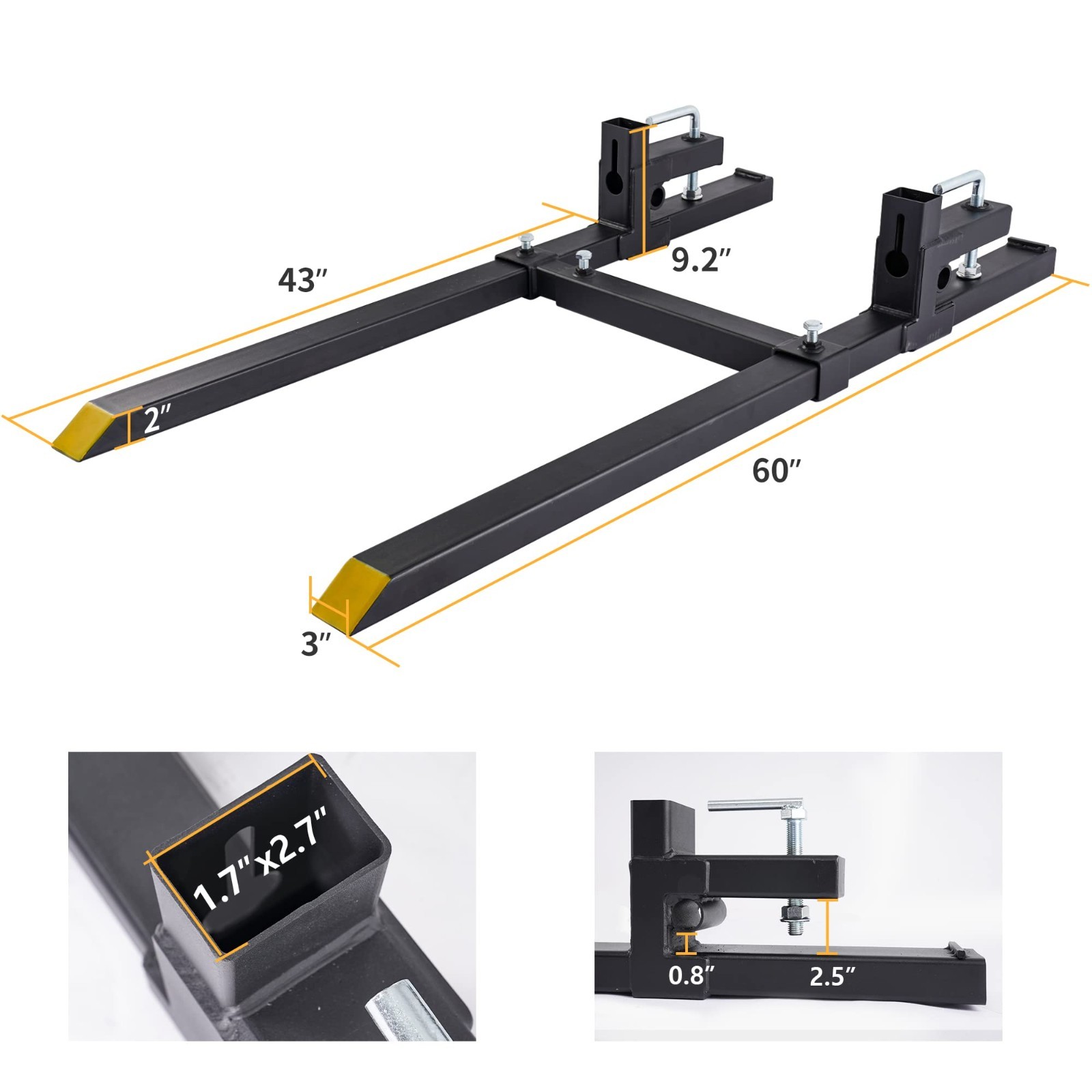 60″ Heavy Duty Clamp-on Pallet Forks 2000lbs with Adjustable Stabilizer Bar for