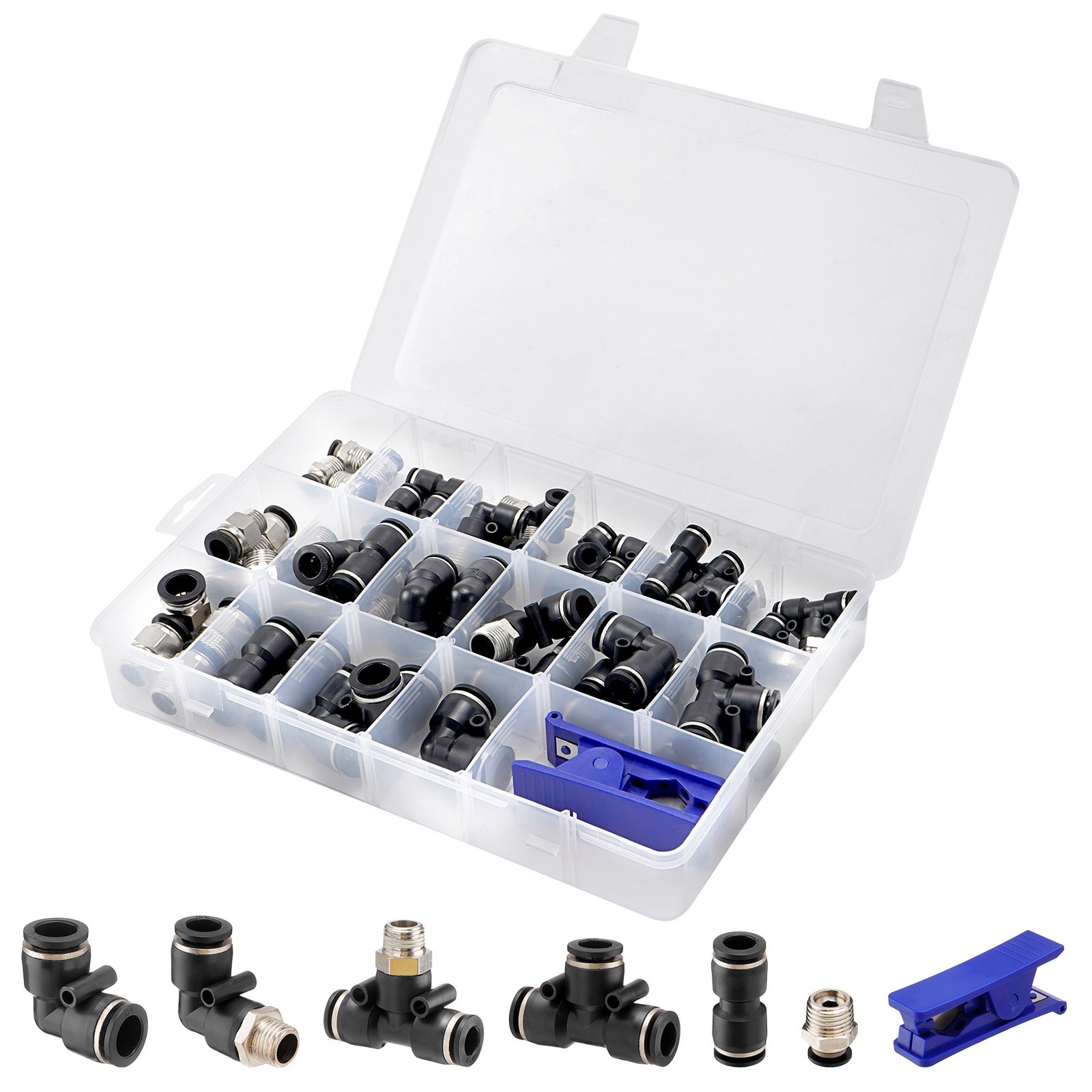 52X Quick Connect Air Line Fitting Kit 1/4 3/8 1/2 Push to Connect + Tube Cutter