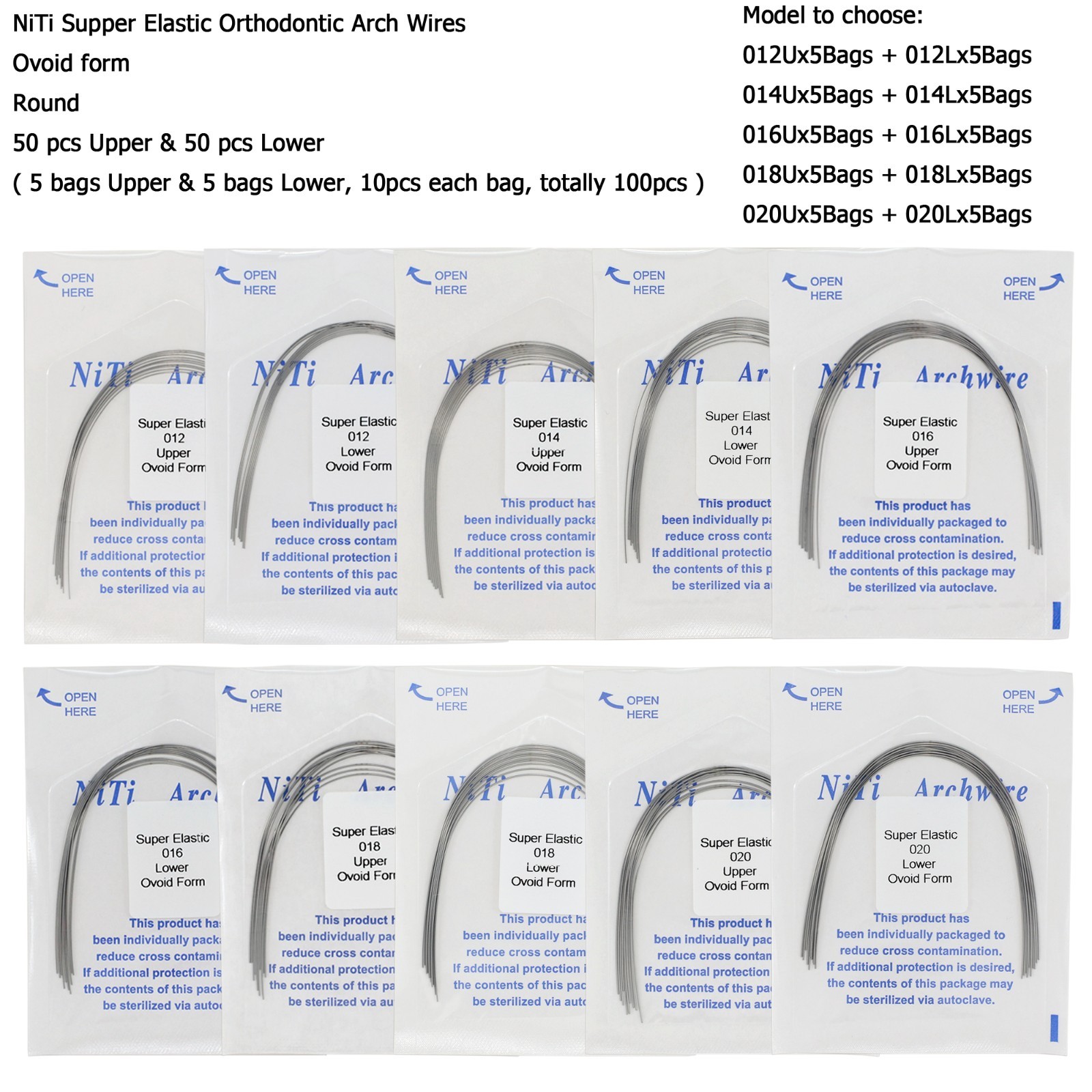 100PC Orthodontic Arch Wire Niti Stainless Steel Ovoid Natural Round Rectangular