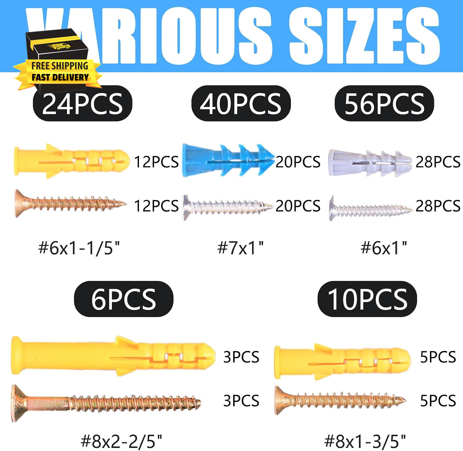 136PCS Drywall Anchors and Screws Assortment Kit, 68Plastic Dry Wall Expansion A