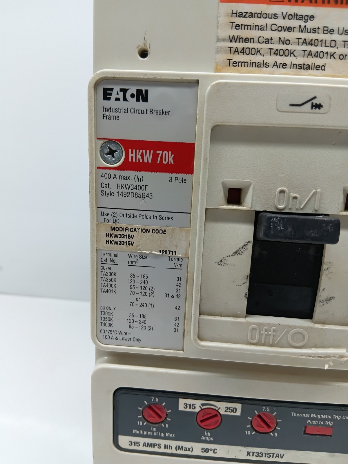 EATON HKW3400F 3 POLE 400 AMPS CIRCUIT BREAKER HKW 70K