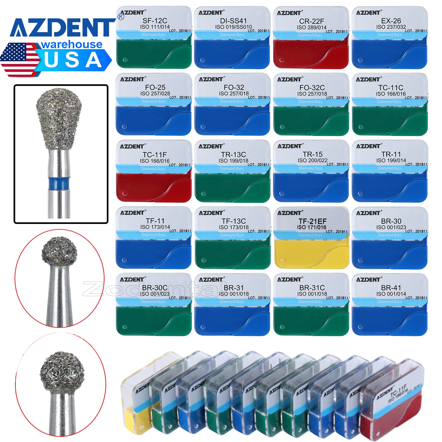 100piezas 20tipos Fresas de diamante medianas dentales FG 1.6 mm Bur BR/TR/TF/EX