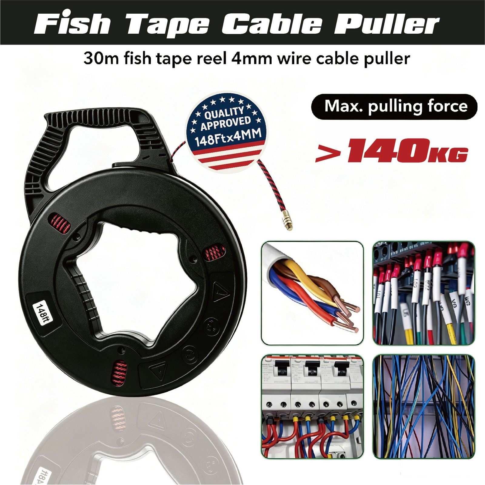 148Ft x4MM Glassfiber Fish-shaped Wire For Pulling Wire & Cable with 7 Adapters