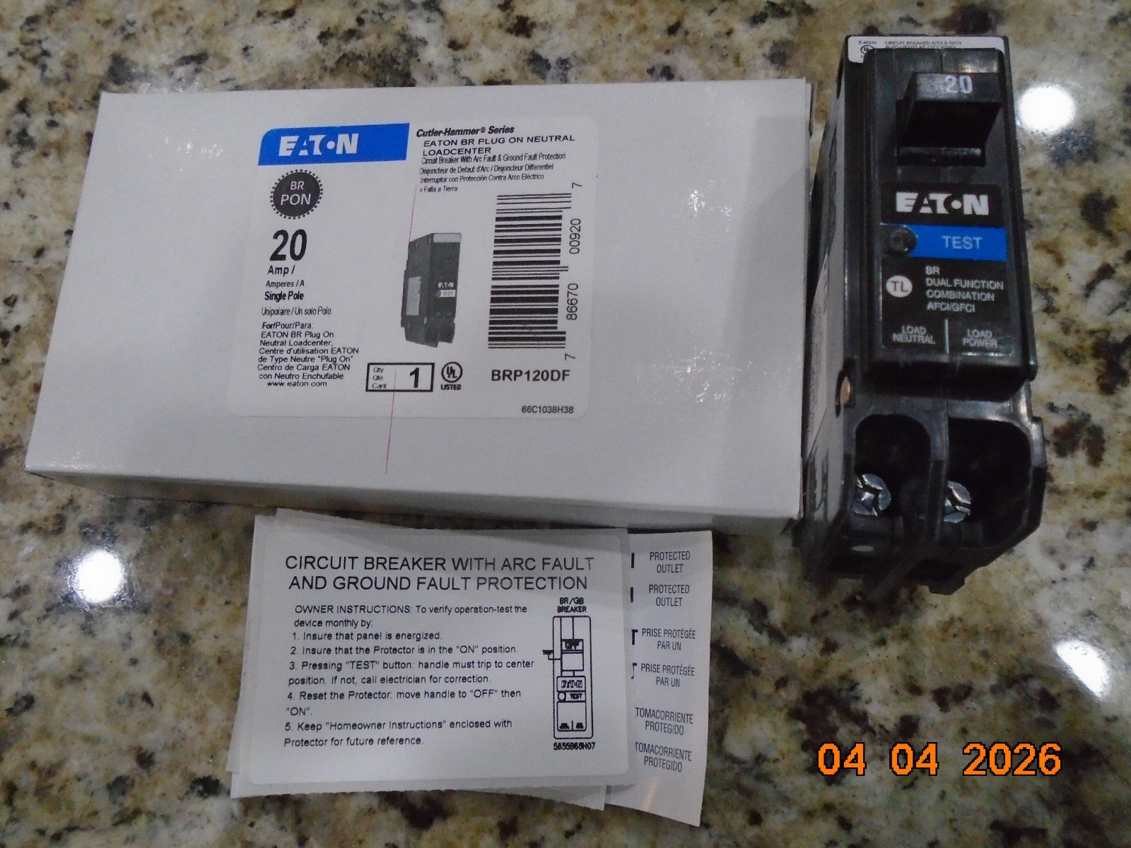 EATON BRP120DF 20AMP DUAL FUNCTION COMBINATION ARC FAULT & GROUND FAULT BREAKER
