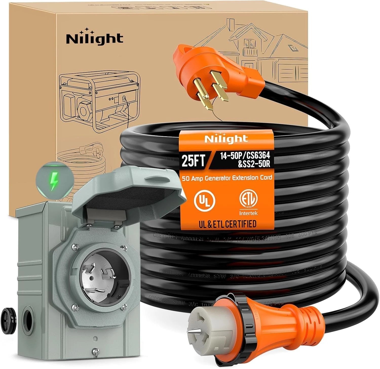 Heavy-Duty 50A 25FT Generator Cord with Certified Inlet Box for Durability