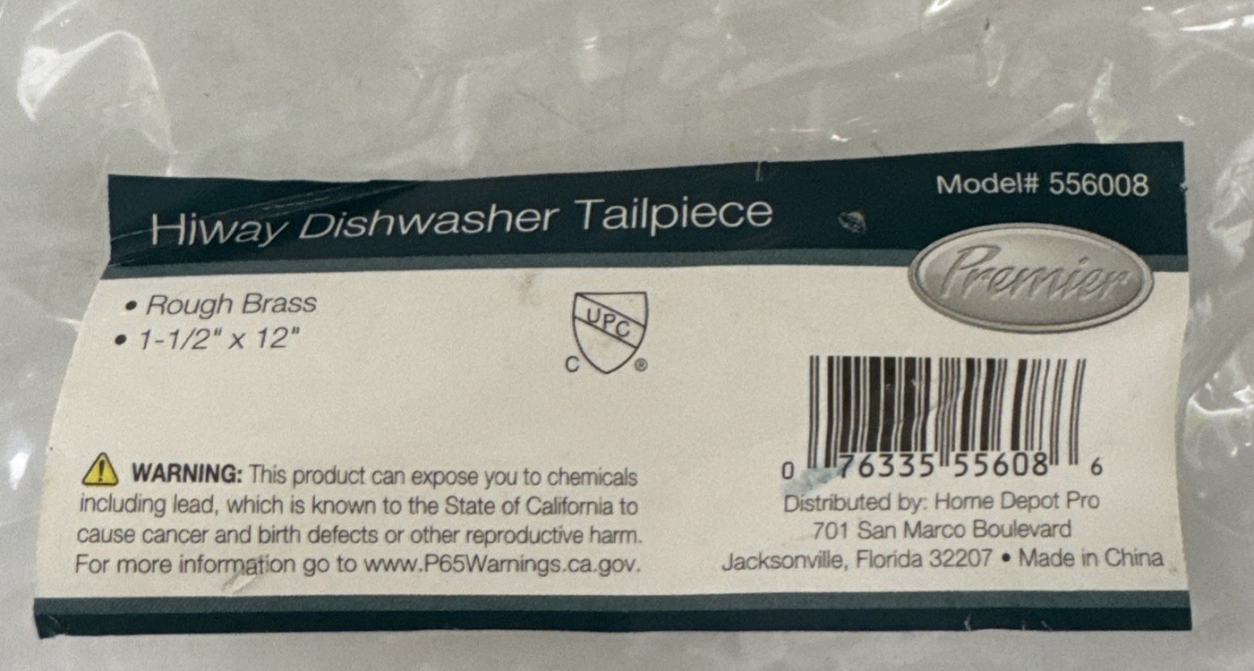 Premier 556008 1-1/2 in. x 12 in. Hi-Way Dishwasher Tailpiece, Rough Brass