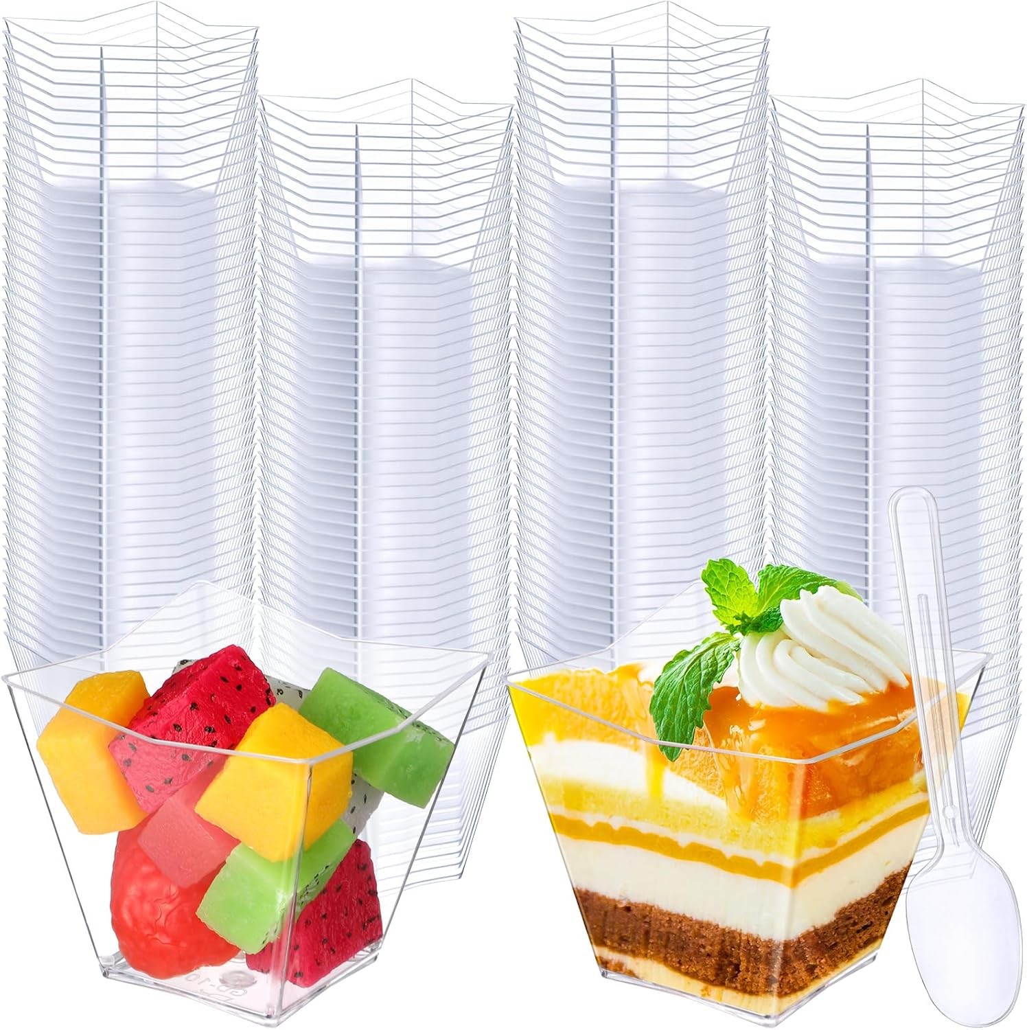 200 x 2.7 oz Mini Dessert Cups with Spoons, Square Clear Plastic Disposable