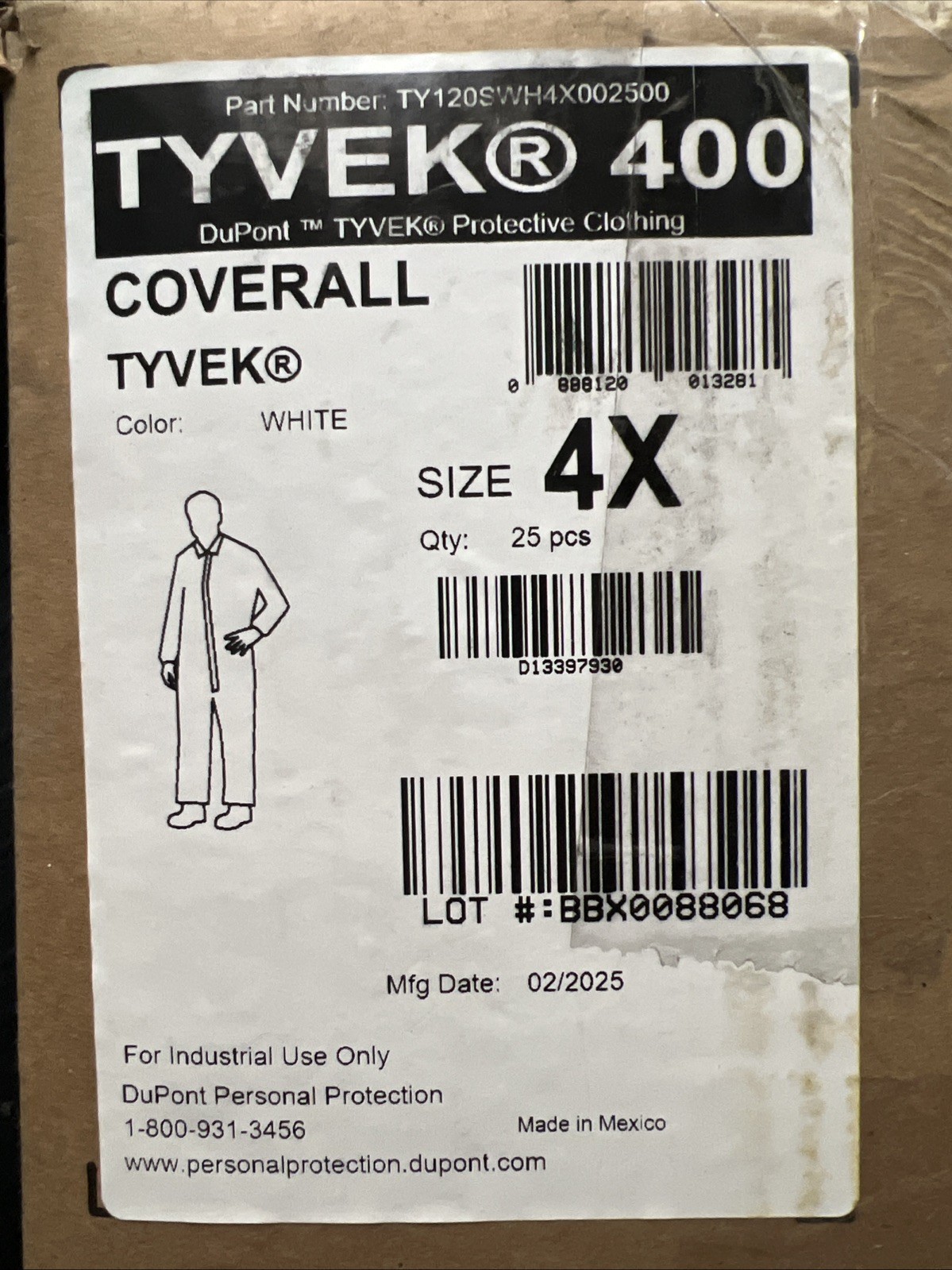 DUPONT Coveralls 4XL Tyvek 400 Open Wrist Open Ankle White 25PK