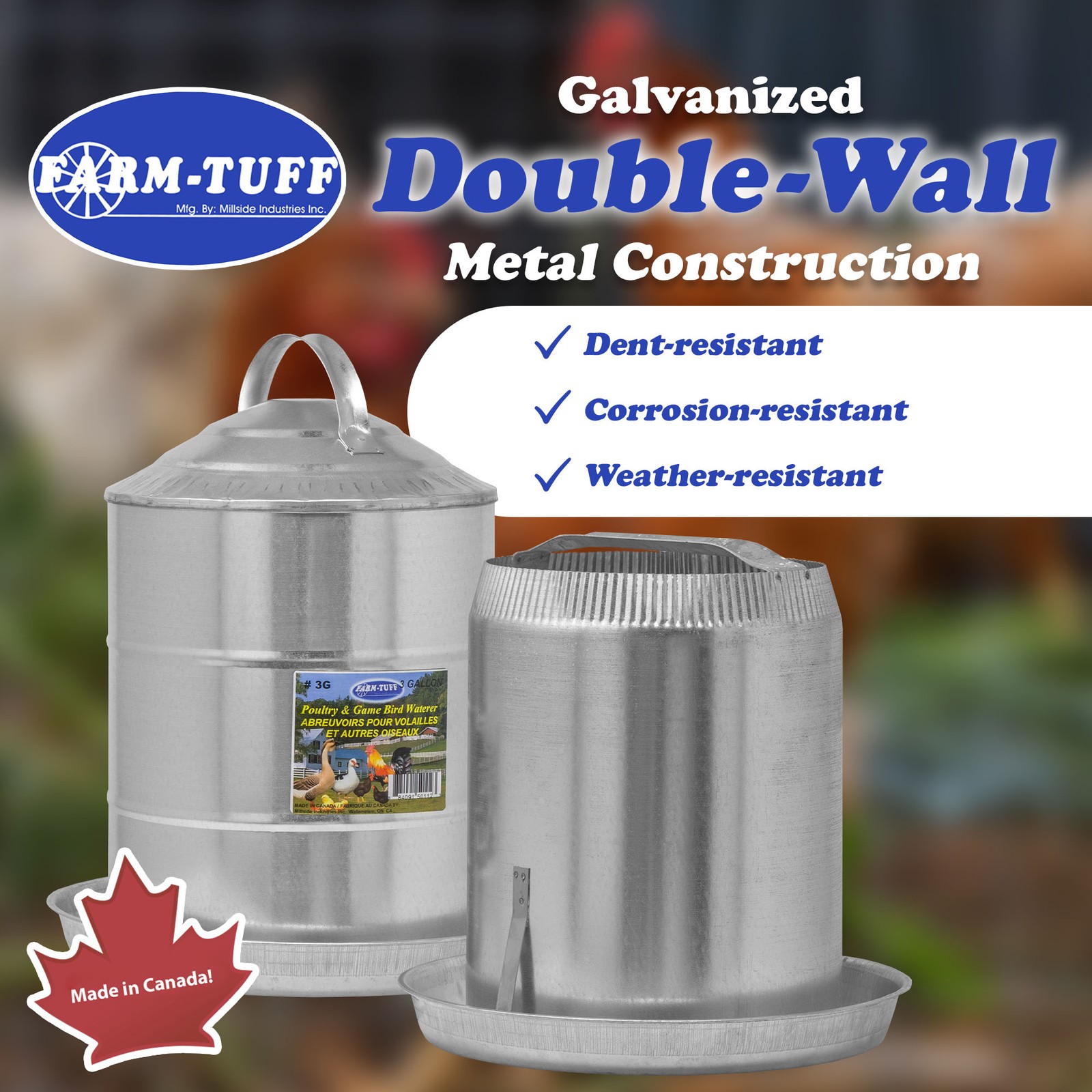 FARM-TUFF Double Wall Cone Top Galvanized Poultry Fountain, 3 Gallon Capacity