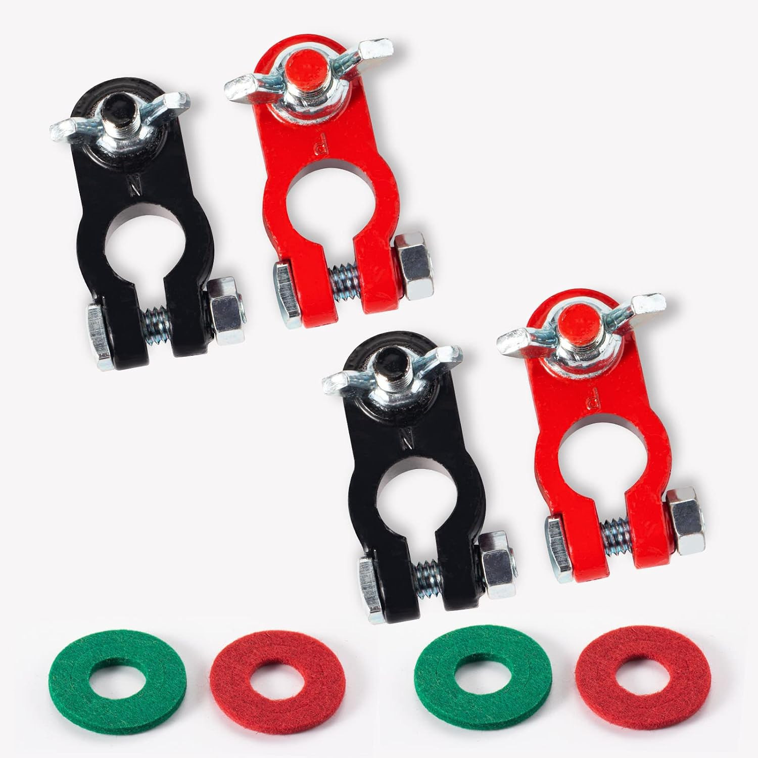 Heavy-Duty Battery Terminal Clamps with Anti-Corrosion Washers, Red & Black, 1 P