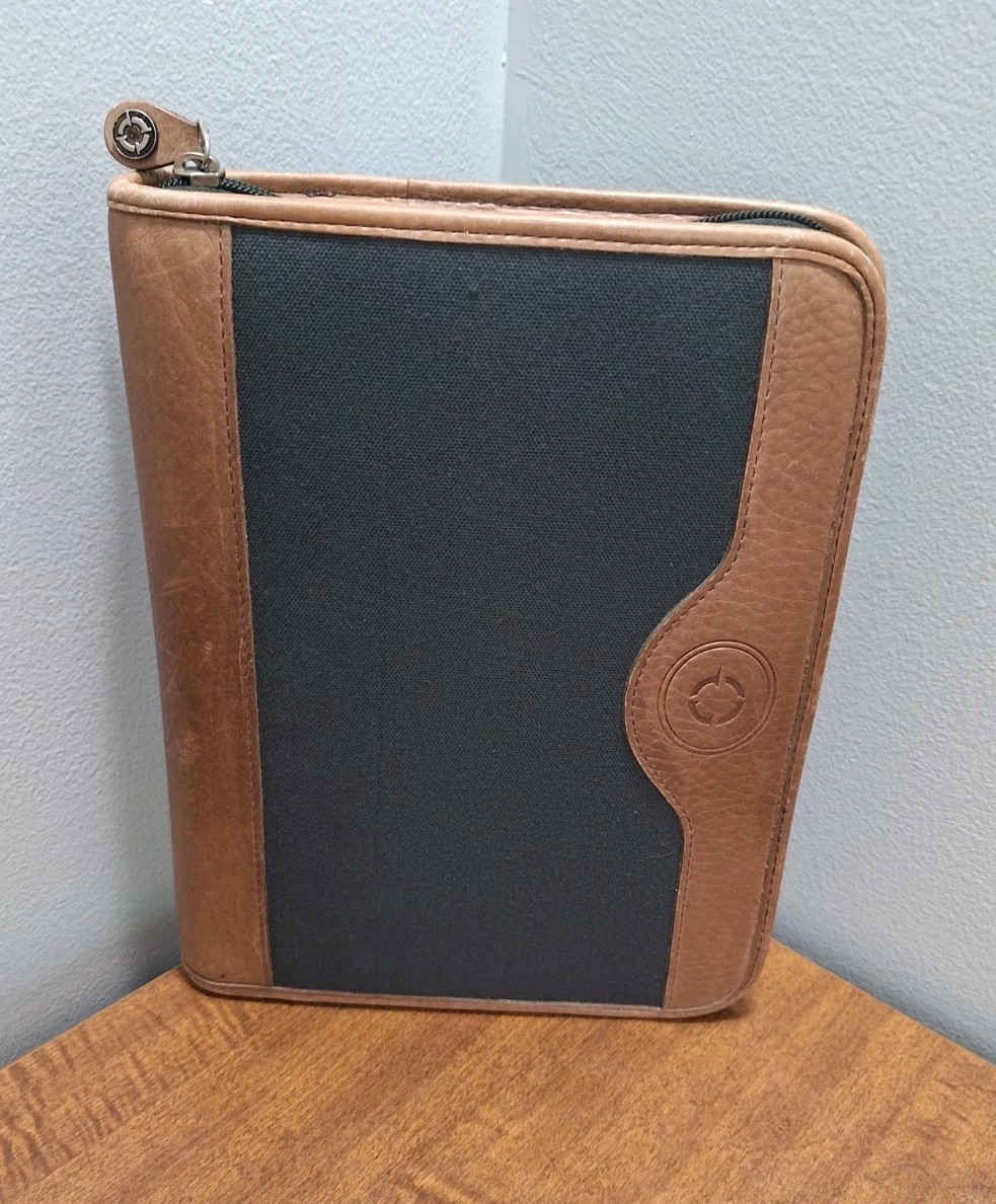 Vtg Franklin Covey Planner Dark Green Canvas Tan Leather Trim 8×10 Zip Closure