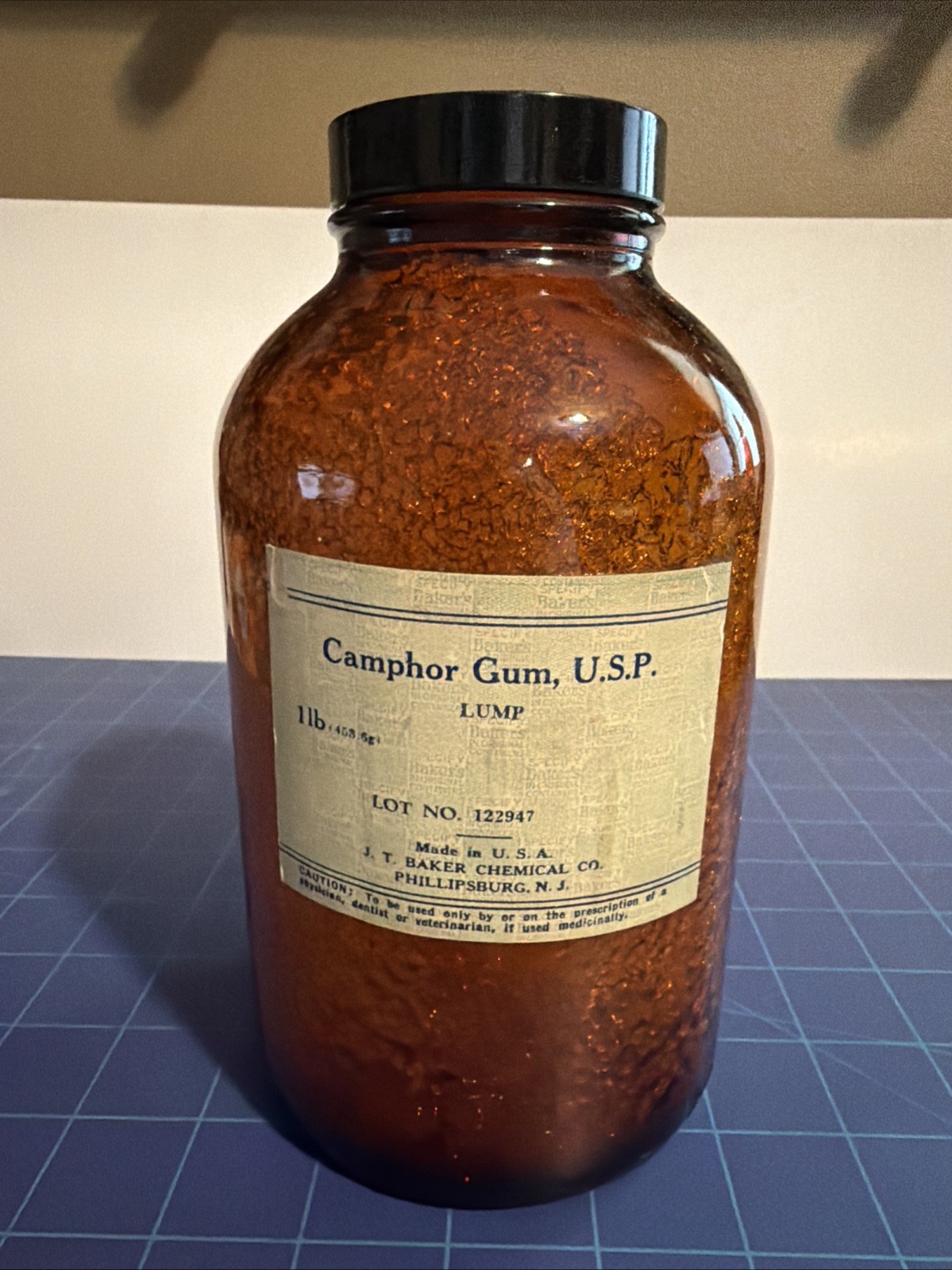 Vintage Camphor Gum Lump – JT Baker Chemical Co. NJ, 1 pound Brown glass jar.