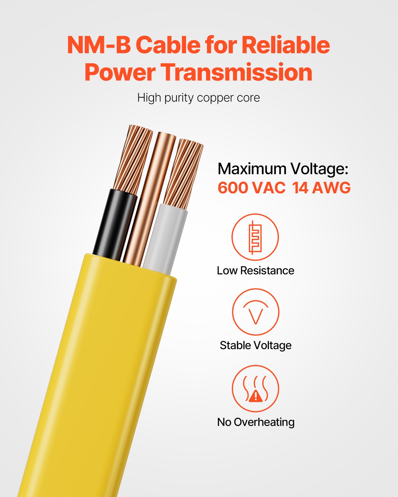 VEVOR NM-B Wire 14AWG/2C Copper Core Cable 100 ft Electrical Wire with Ground