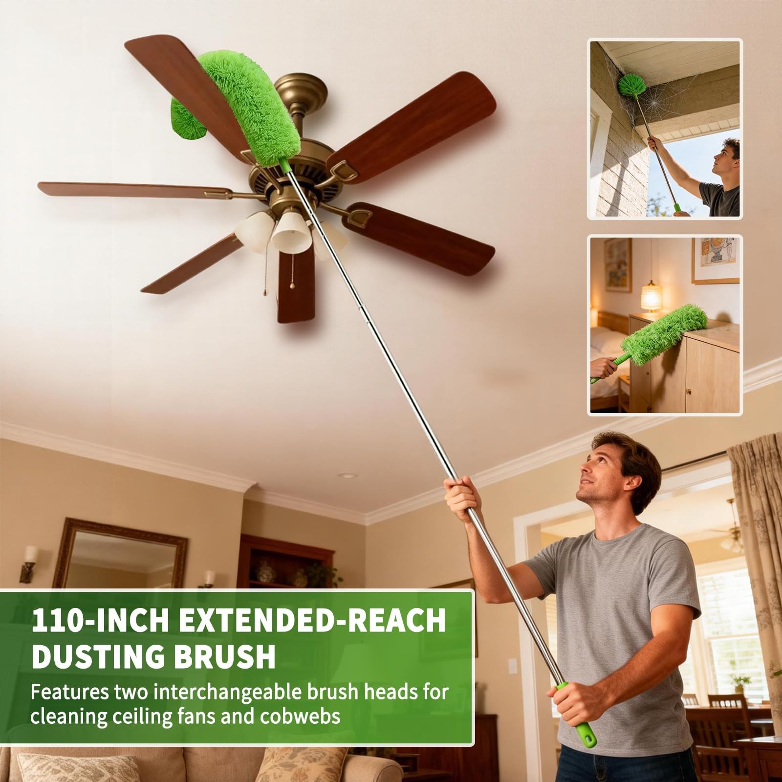 Cobweb Duster with Extension Pole, Washable Cleaning 110 inches, Green