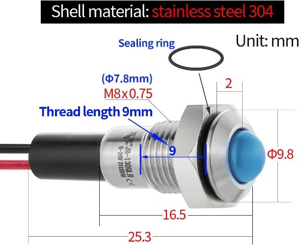 UL Listed Mini Indicator Light 8mm 0.31 Inch Waterproof IP67 110V 120V Domed