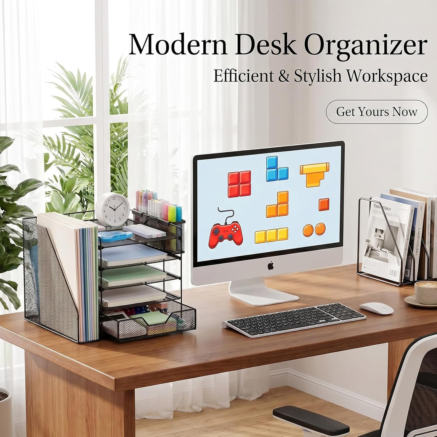 5 Tier Desk File Organizer with Drawer Pen Holder Metal Mesh Black