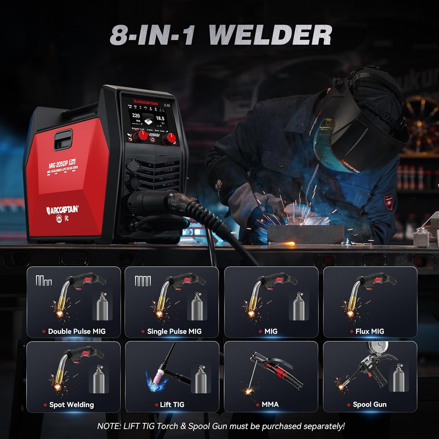 ARCCAPTAIN MIG205DP Pro 8-in-1 MIG Welder Dual/Single Pulse MIG/TIG/MMA/Spot APP