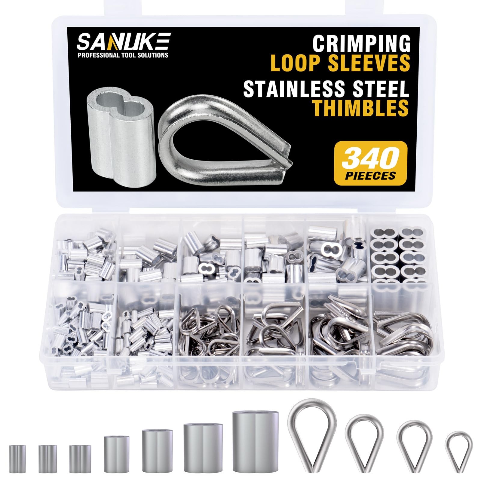 Sanuke 340PCS Stainless Steel Wire Rope Cable Thimbles 340pcs assortment kit