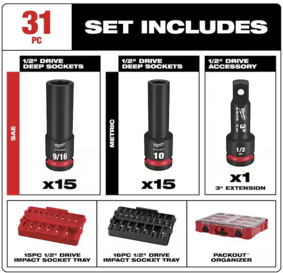 Milwaukee Tool 49-66-6806 Shockwave Impact Duty Socket 1/2 In Dr 31Pc Packout