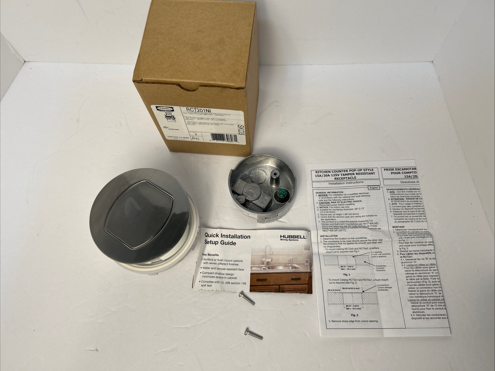 Hubbell RCT200NI Kitchen Counter Receptacle 15A 125V Flush Mount Nickel New Open