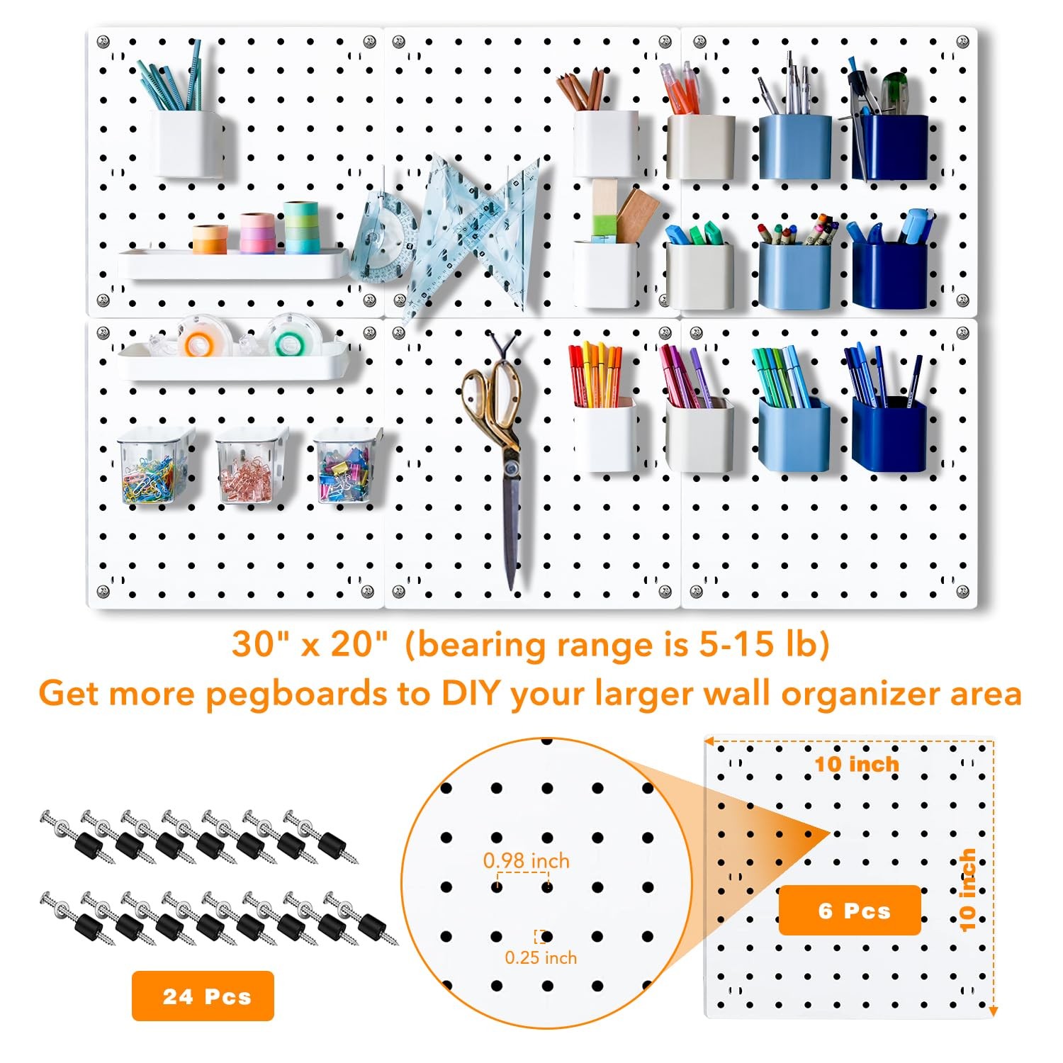 6 PCS White Pegboard Panels, Wall Organizer, Mount Display, Craft Room, Storage
