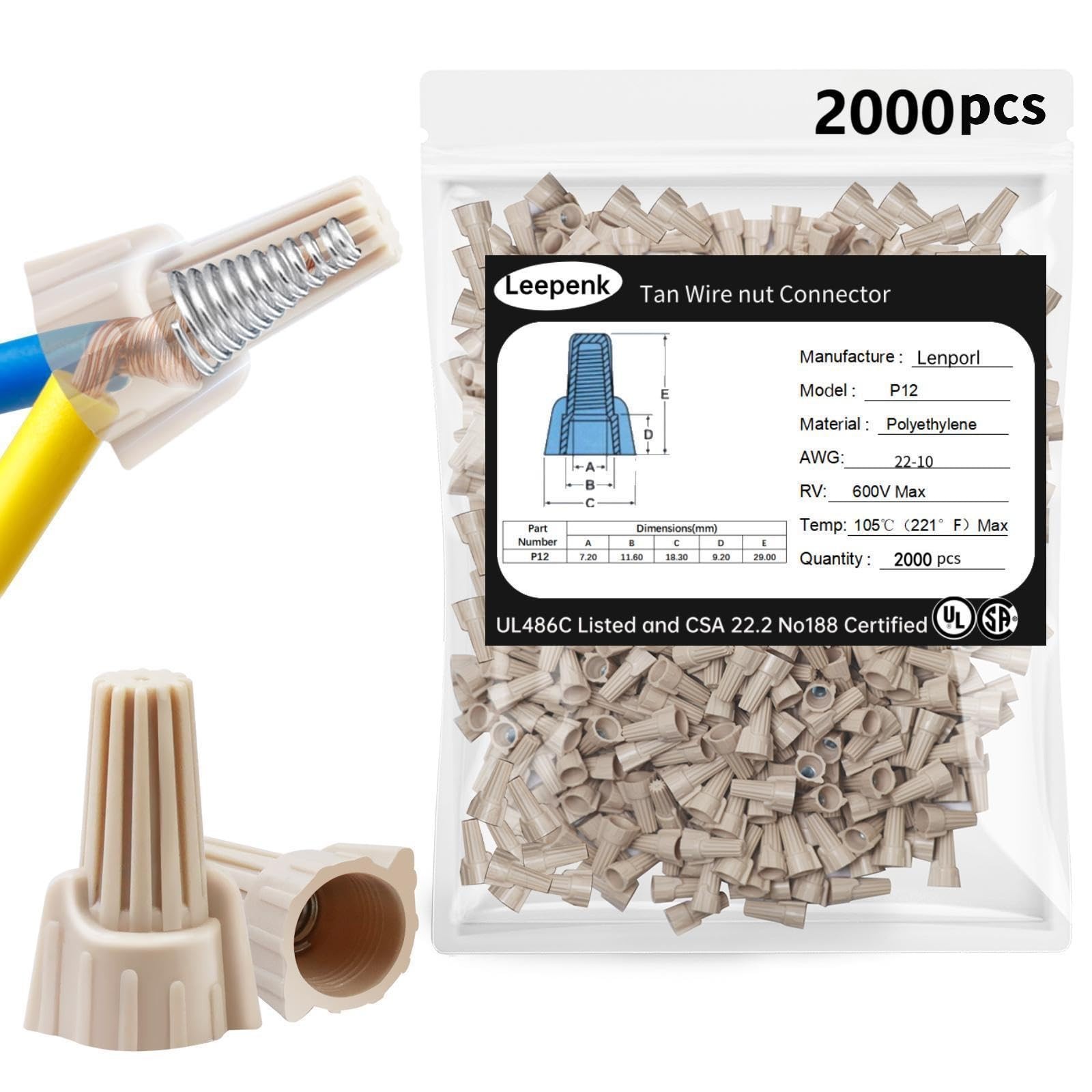 2000 Pcs Electrical Wire Connectors – Twist Wire Caps, Winged Springs, 22-10 AWG