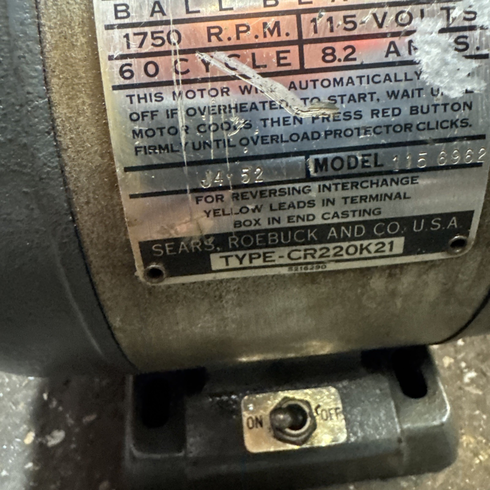 CRAFTSMAN 1/2 Hp Electric Motor 1750 RPM 115V 8.2 AMP Model 115.6962 Read Ad