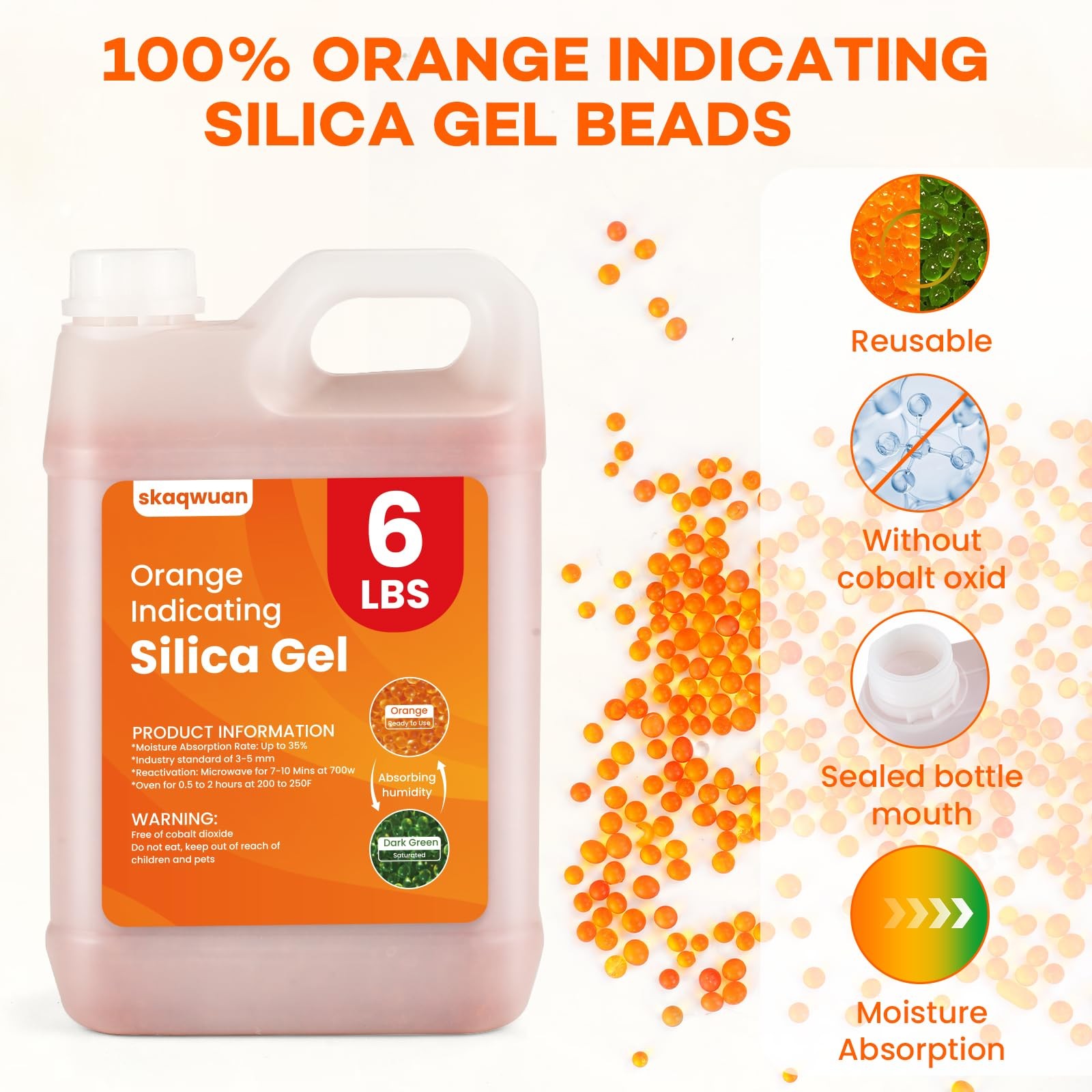 6 LBS Orange Indicating Silica Gel Desiccant Beads, Premium 6LBS, orange