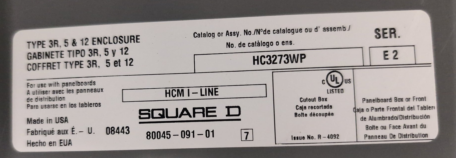 Square D I-LINE E1 225A 480V 3PH 4W MLO 62 Cir NEMA 3 Panelboard