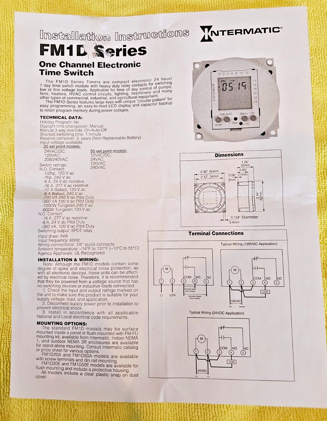 Intermatic FM1D20A-120 Elec Carrier Timer Switch, 24-Hr/7-Day, Surface/ DIN