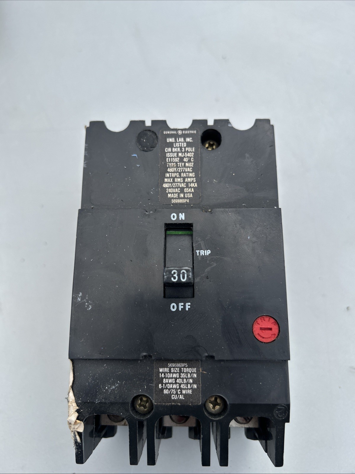 GE TEY330 CIRCUIT BREAKER, 480/277-VOLT, 3-POLE, 30-AMP, BRK / TEY FRAME