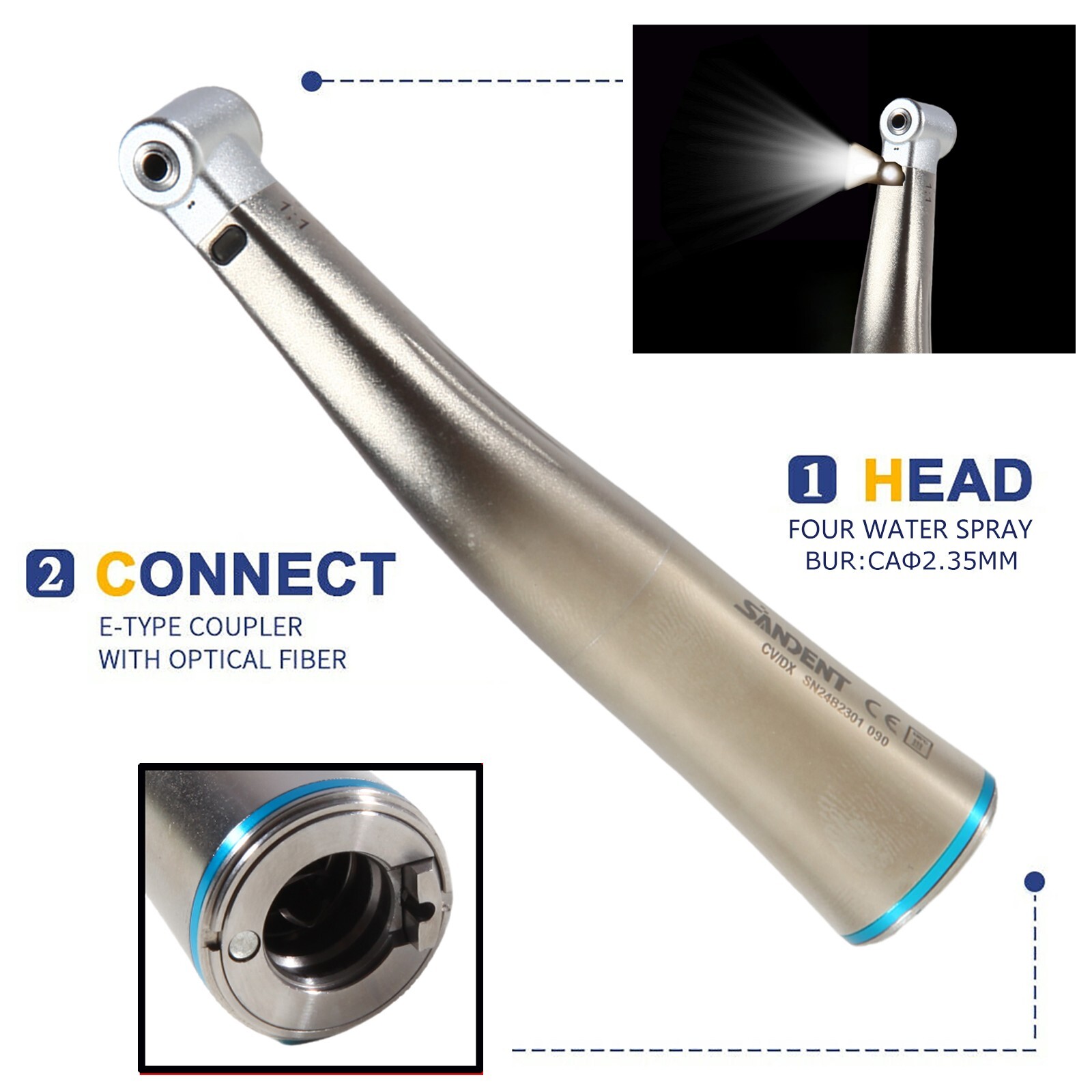 Dental 1:1 Fiber Optic Handpiece Internal Spray Contra Angle fit E-Type Motor DS