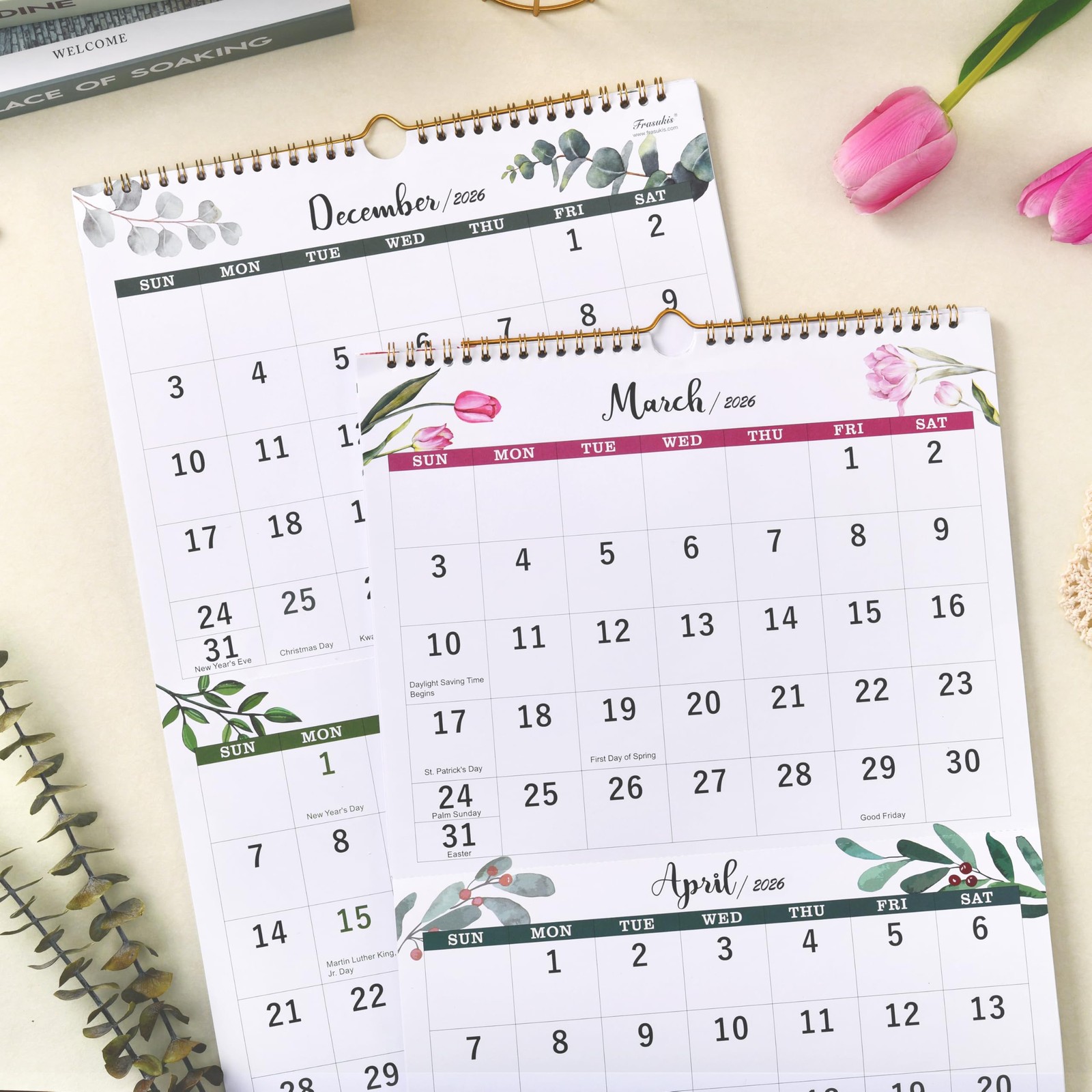 2026 Calendar – 3 Month Display Wall 2026, Jan. 2026 – Dec. green