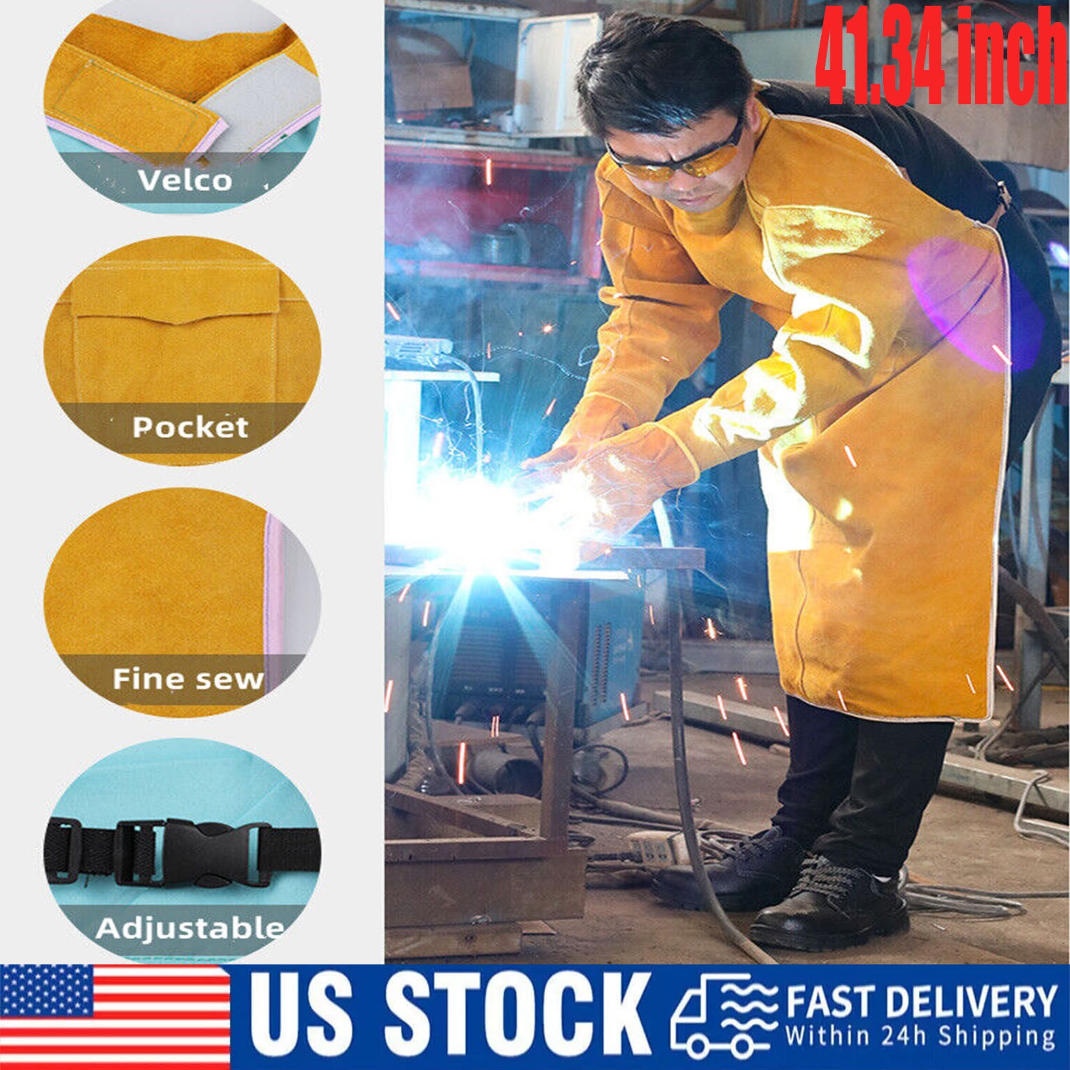 41.33 inch Cowhide Leather Welding Jacket Coat Flame-Resistant Welder for Men US