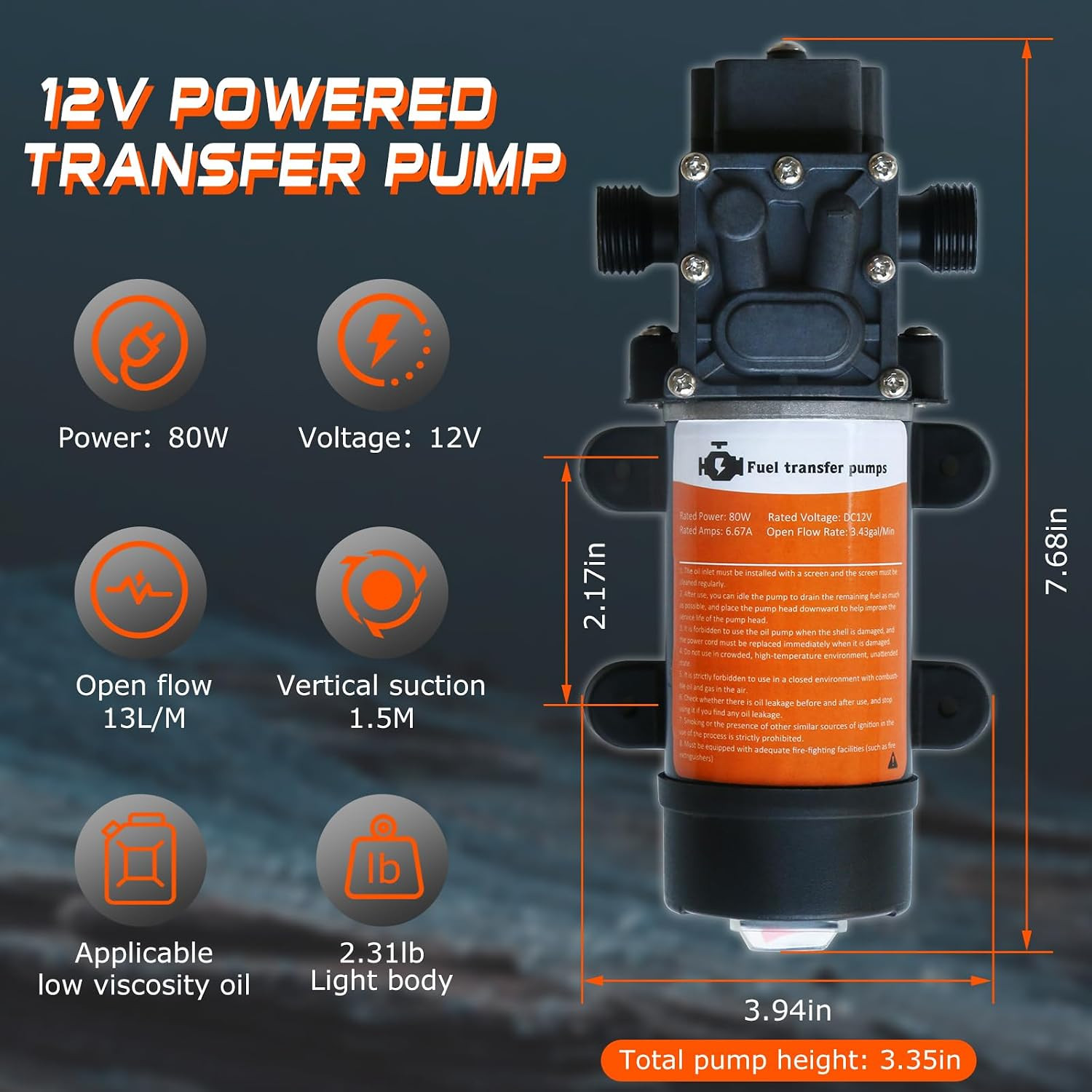 12V Fuel Transfer Pump Set, Moves up to 120 Gallons of Gas or Diesel per Hour wi