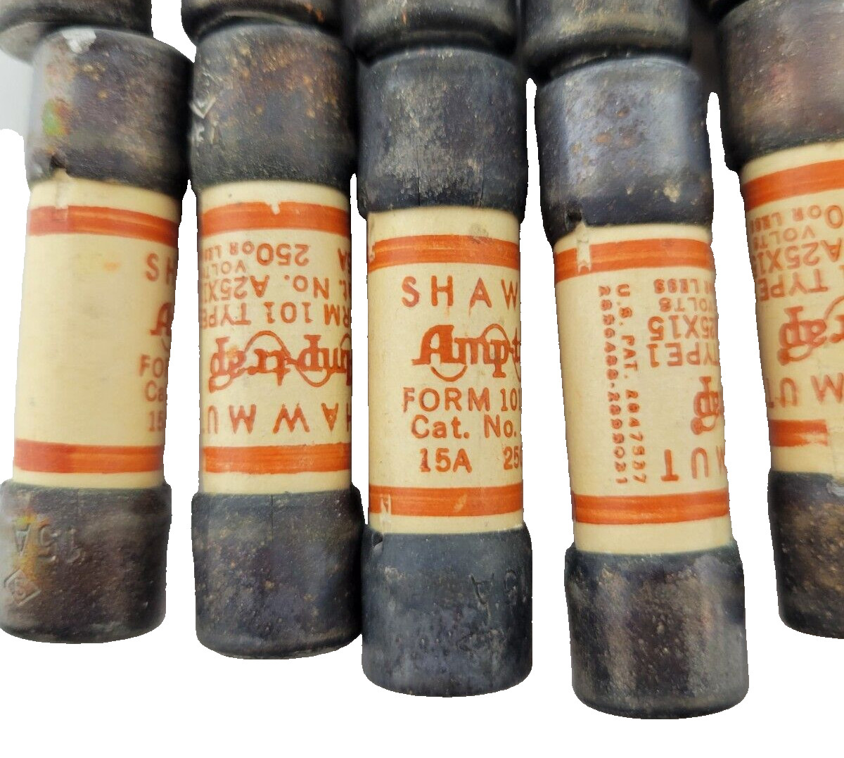 LOT OF 10 – SHAWMUT FORM 101 TYPE 1 CAT NO 250 OR LESS VOLT A25X15 FUSE 15A USED