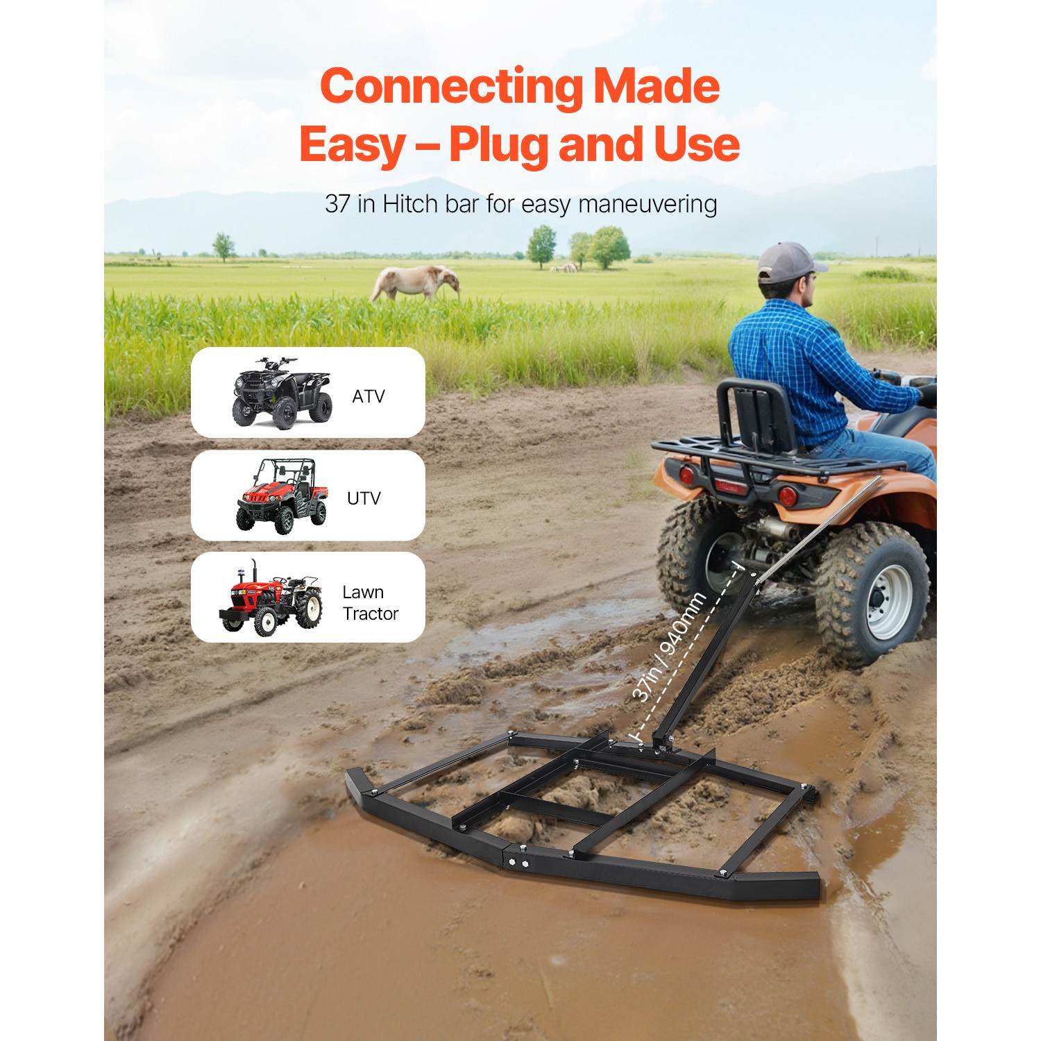 Uimoso Drag Harrow 66″ Width Tow Behind Drag Harrow Steel Gravel Grader ATV UTV