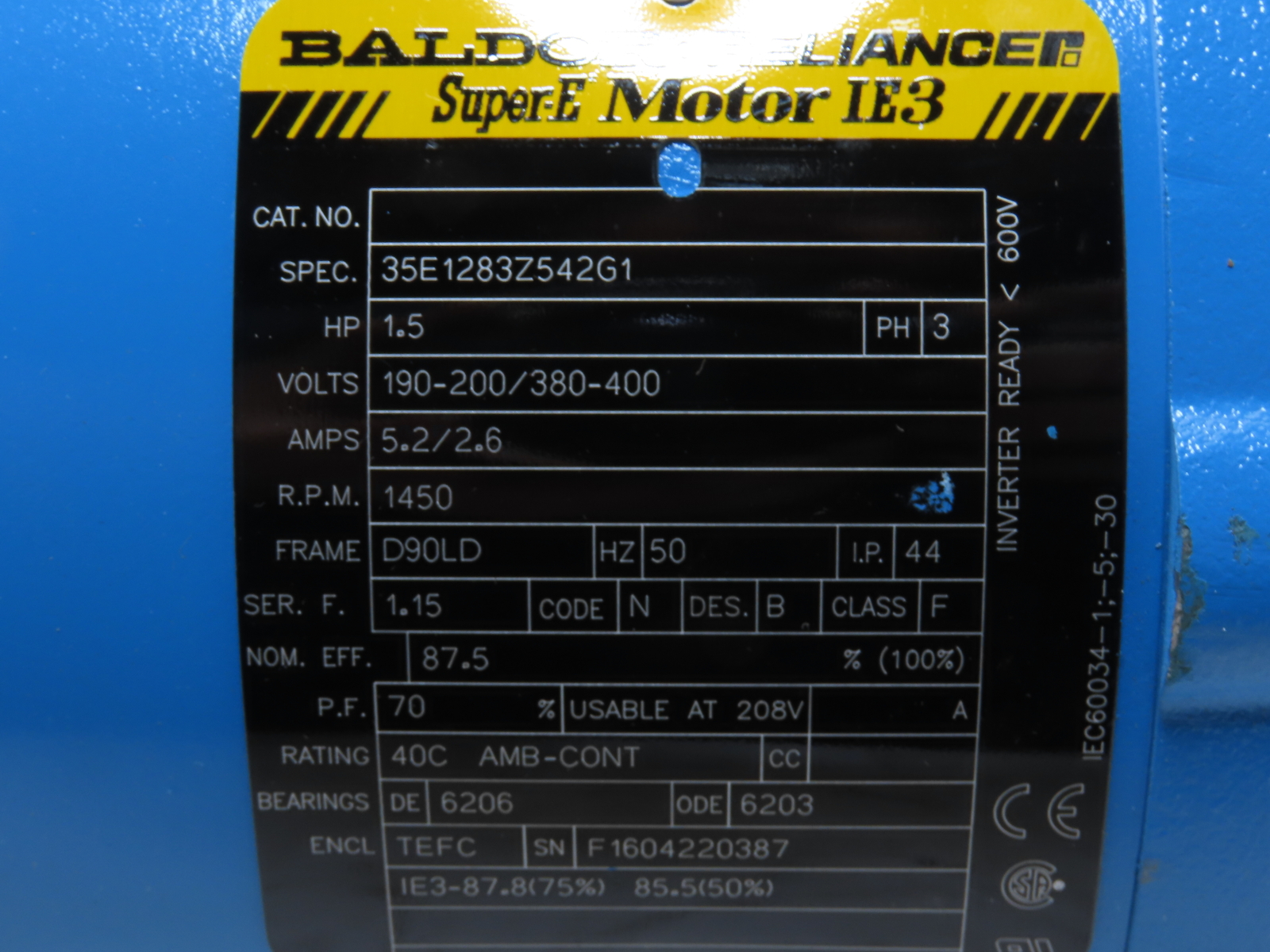 Baldor 1.5HP 1450RPM D90LD Frame Invertor Ready 600V Motor