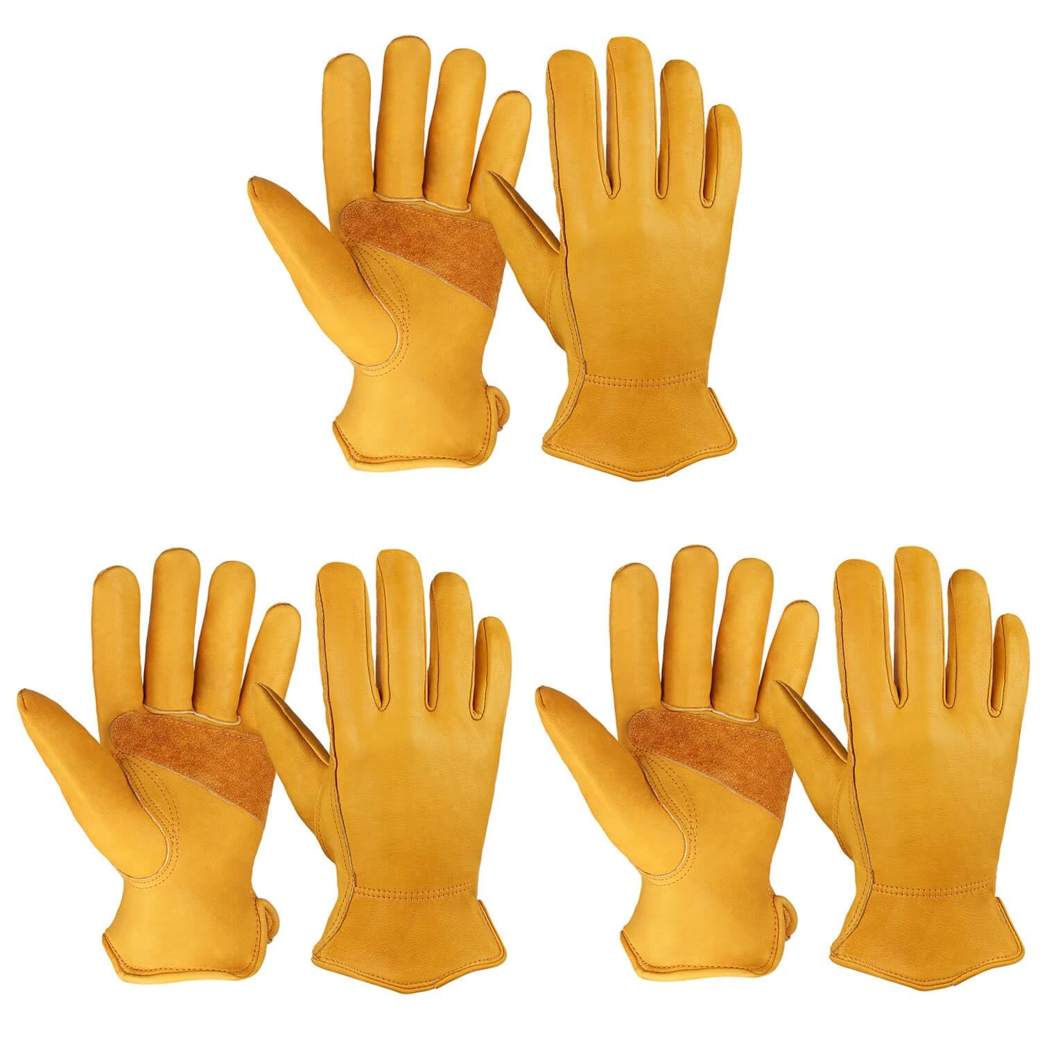 Leather Work Gloves Men 3 Pairs Cowhide Reinforced Palm Keystone Thumb Garden