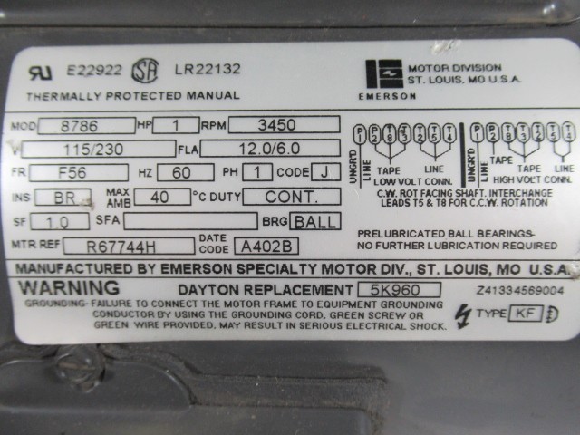 Emerson 1HP 3450RPM 115/230V F56 TEFC 1PH 12.0/6.0A 60Hz USED