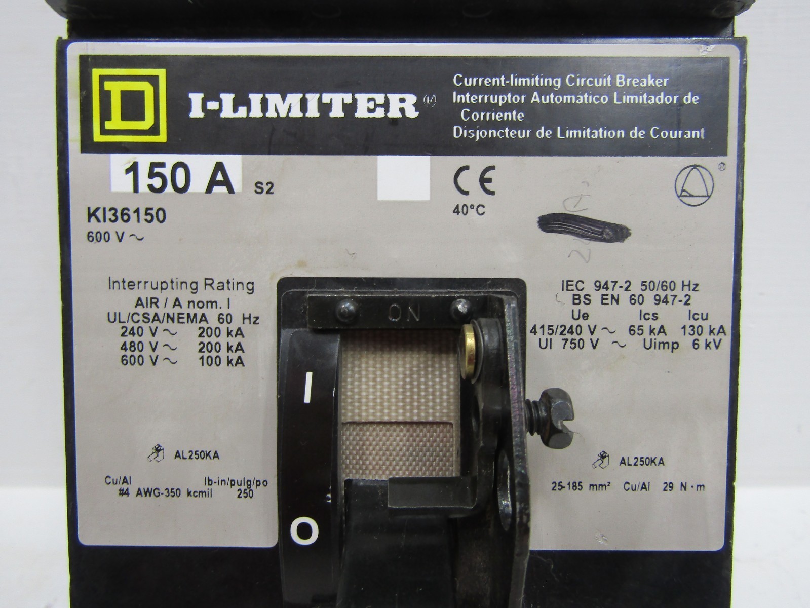Square D KI36150 150 Amp 600V I-Limiter I-Line Circuit Breaker 150A 3-Pole