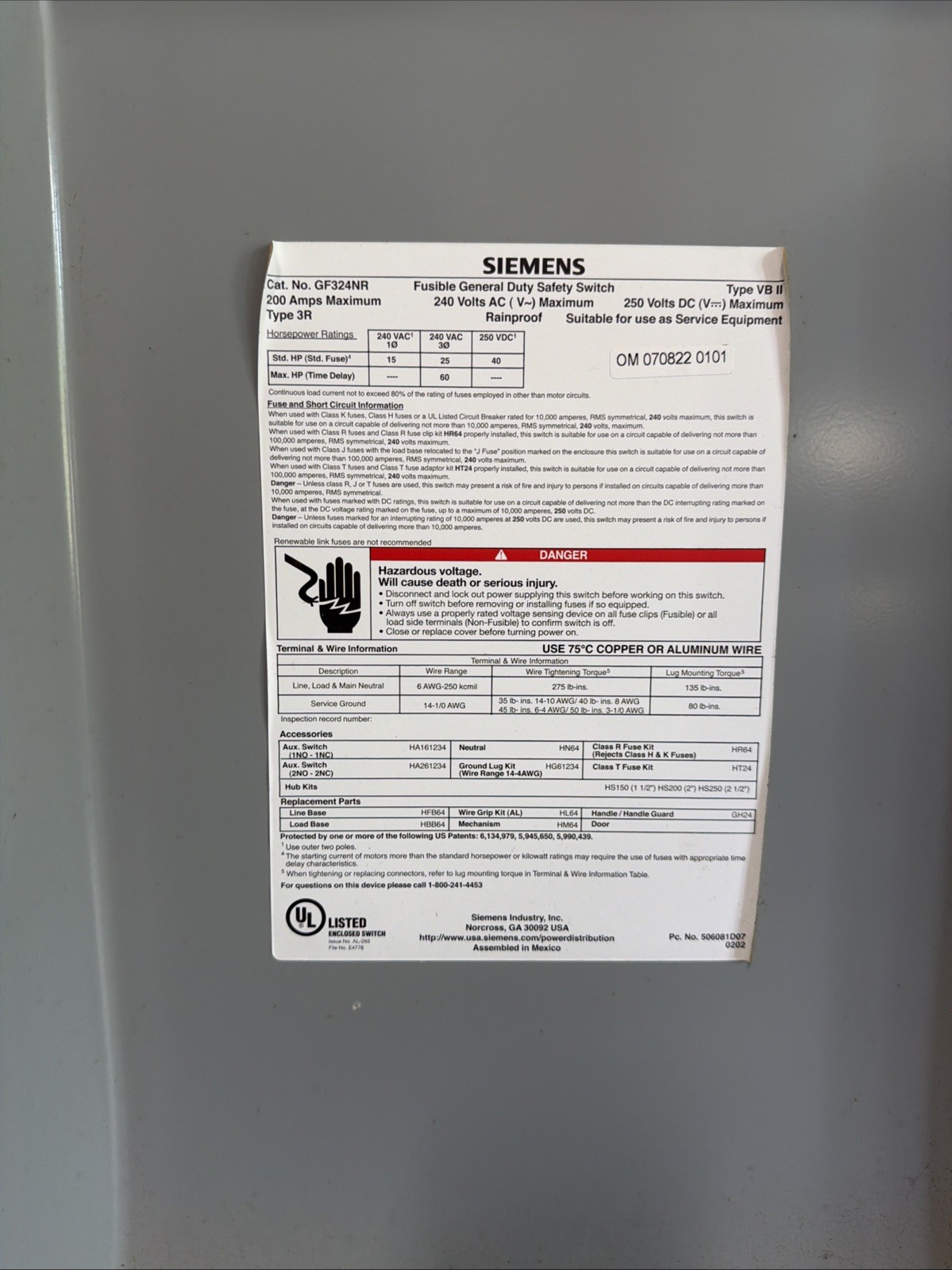 Siemens Fusible General Duty Safety Switch 200A 240VAC 250VDC Horsepower GF324NR