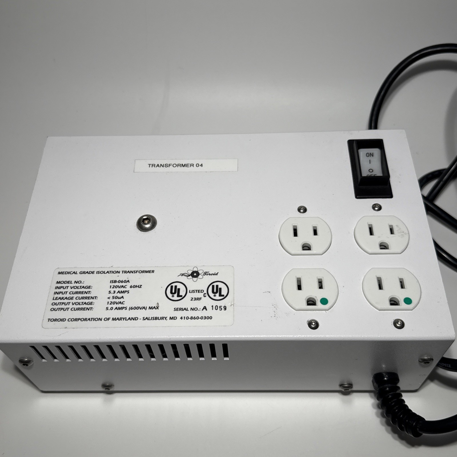 Toroid Medical Grade Isolation Transformer ISB-060A 4 Outputs 120V
